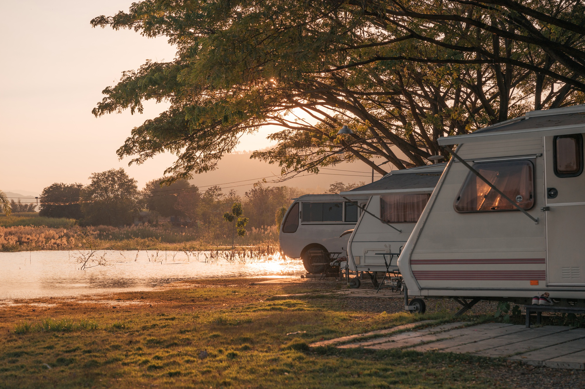 Motor home under big tree on campground by the lake in the evening