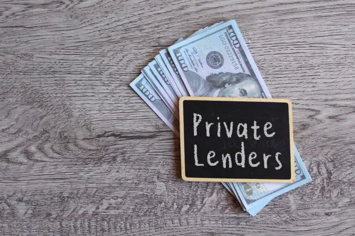 Top view image of money and chalkboard with text PRIVATE LENDERS.