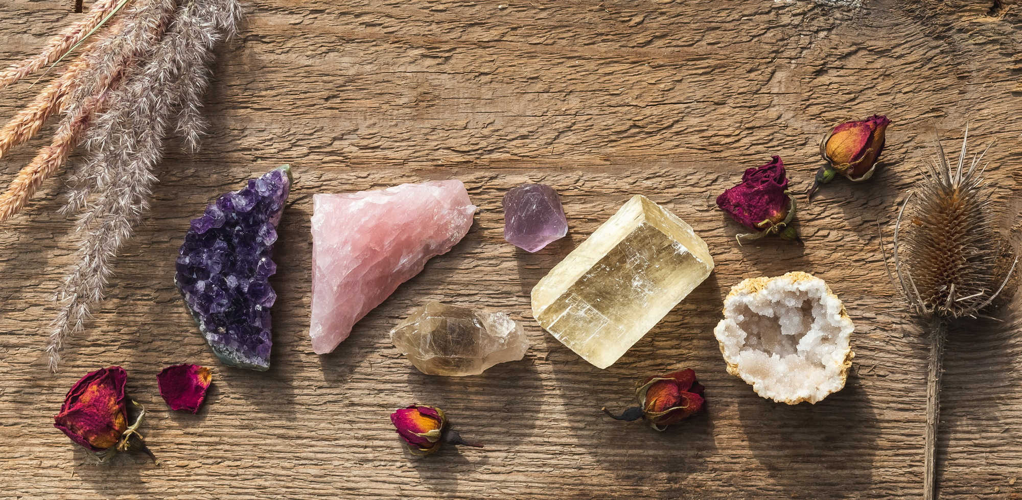 Colorful healing crystals and minerals in a row