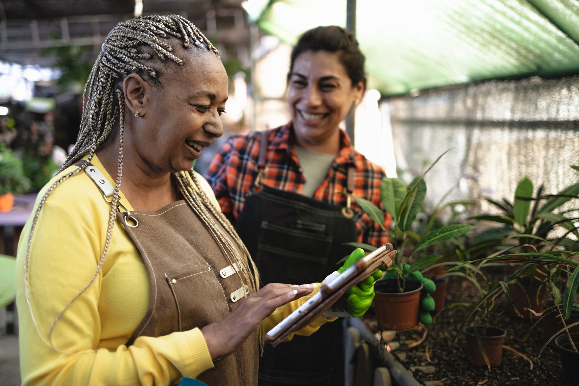 Happy female gardeners working together in plants and flowers shop