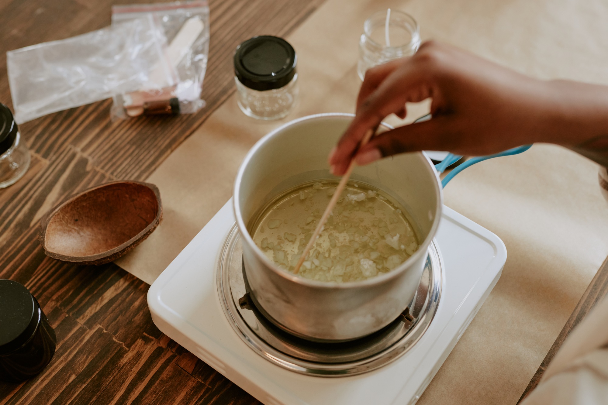 Mixing Ingredients for Homemade Candle Making Project