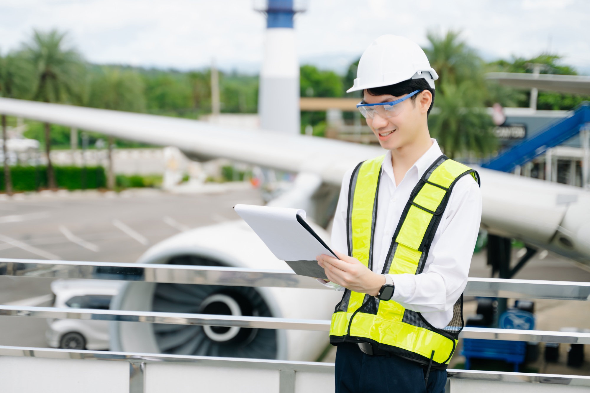 Aviation engineer inspects airplane for safety compliance. Professional aerospace technician at work