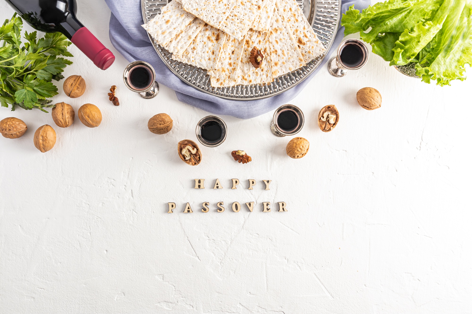 beautiful Passover backdrop of Jewish Passover with products and a word letters - Happy Passover.