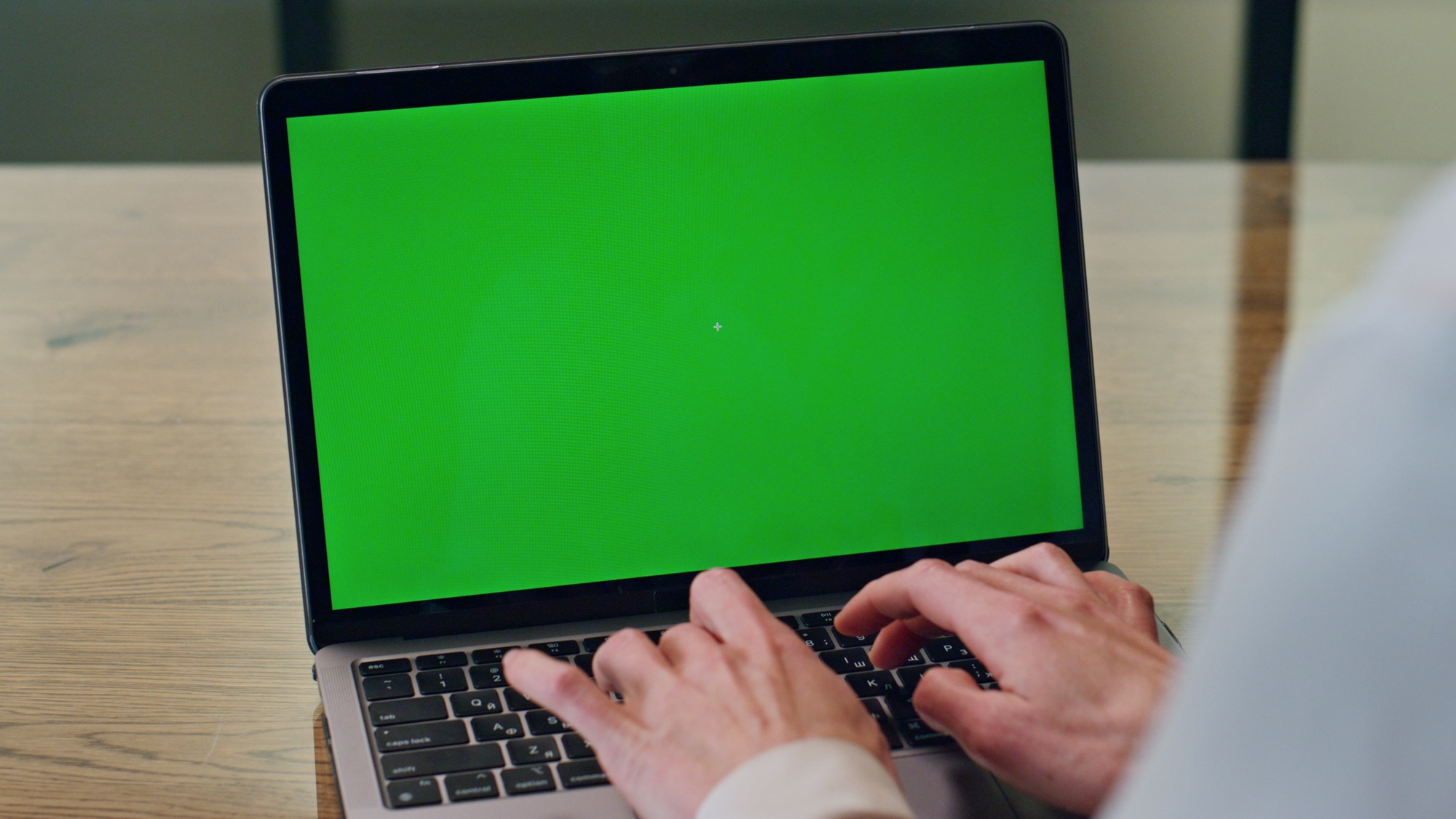 Copywriter fingers texting chromakey laptop office closeup. Woman hands working