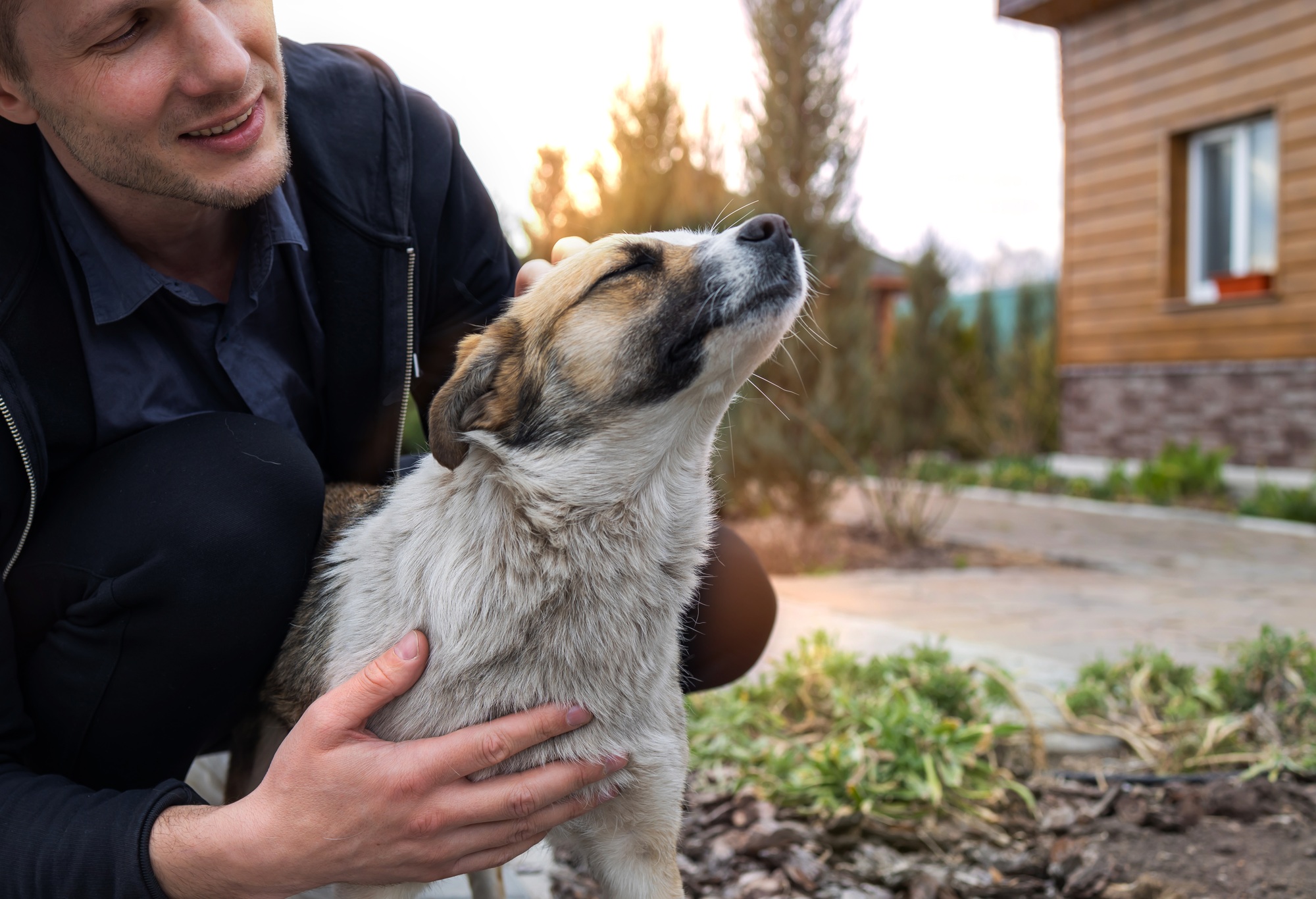 Cropped image of handsome young man with his dog outdoors.