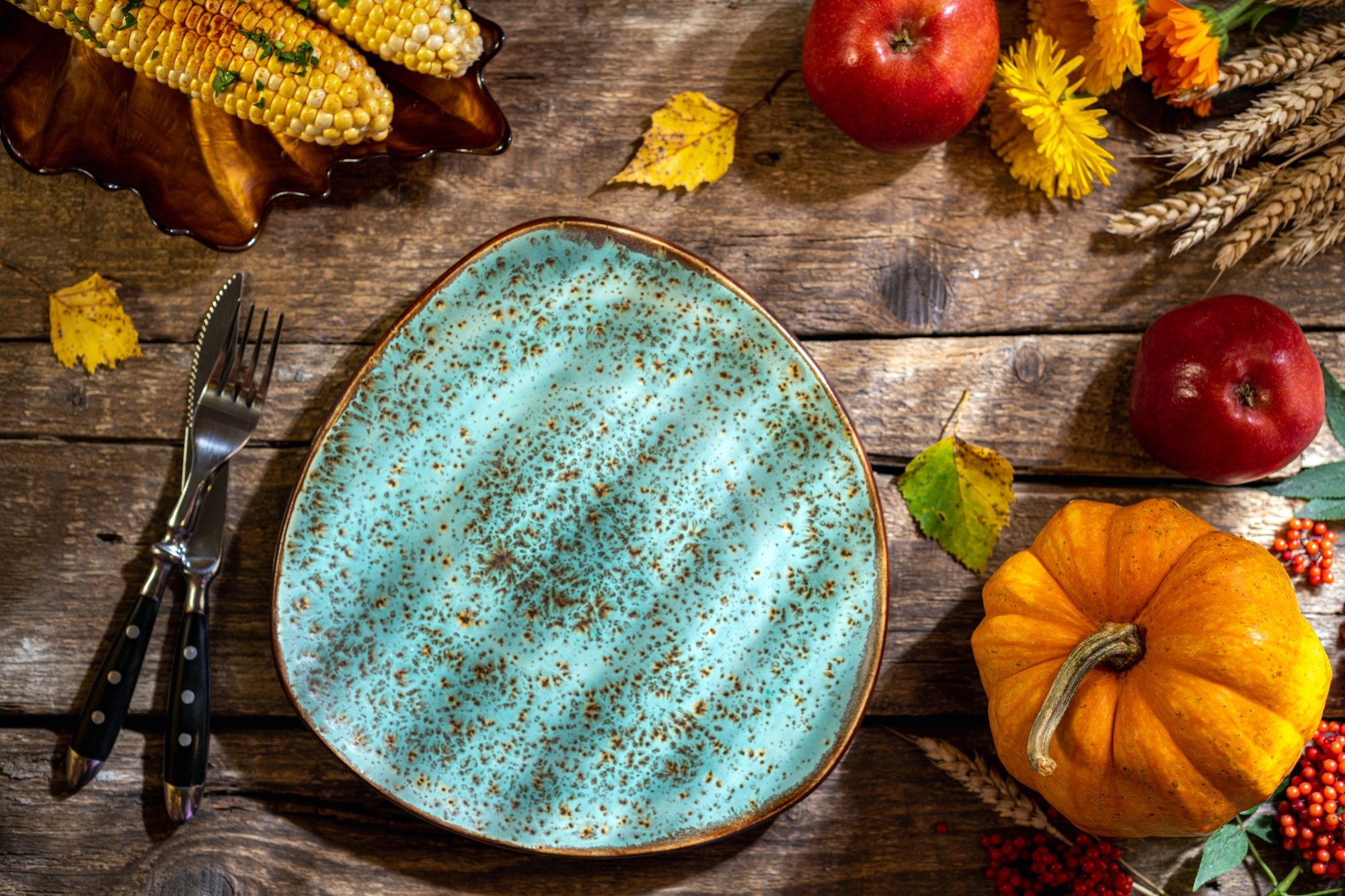 Thanksgiving background. Autumn table setting for Thanksgiving day