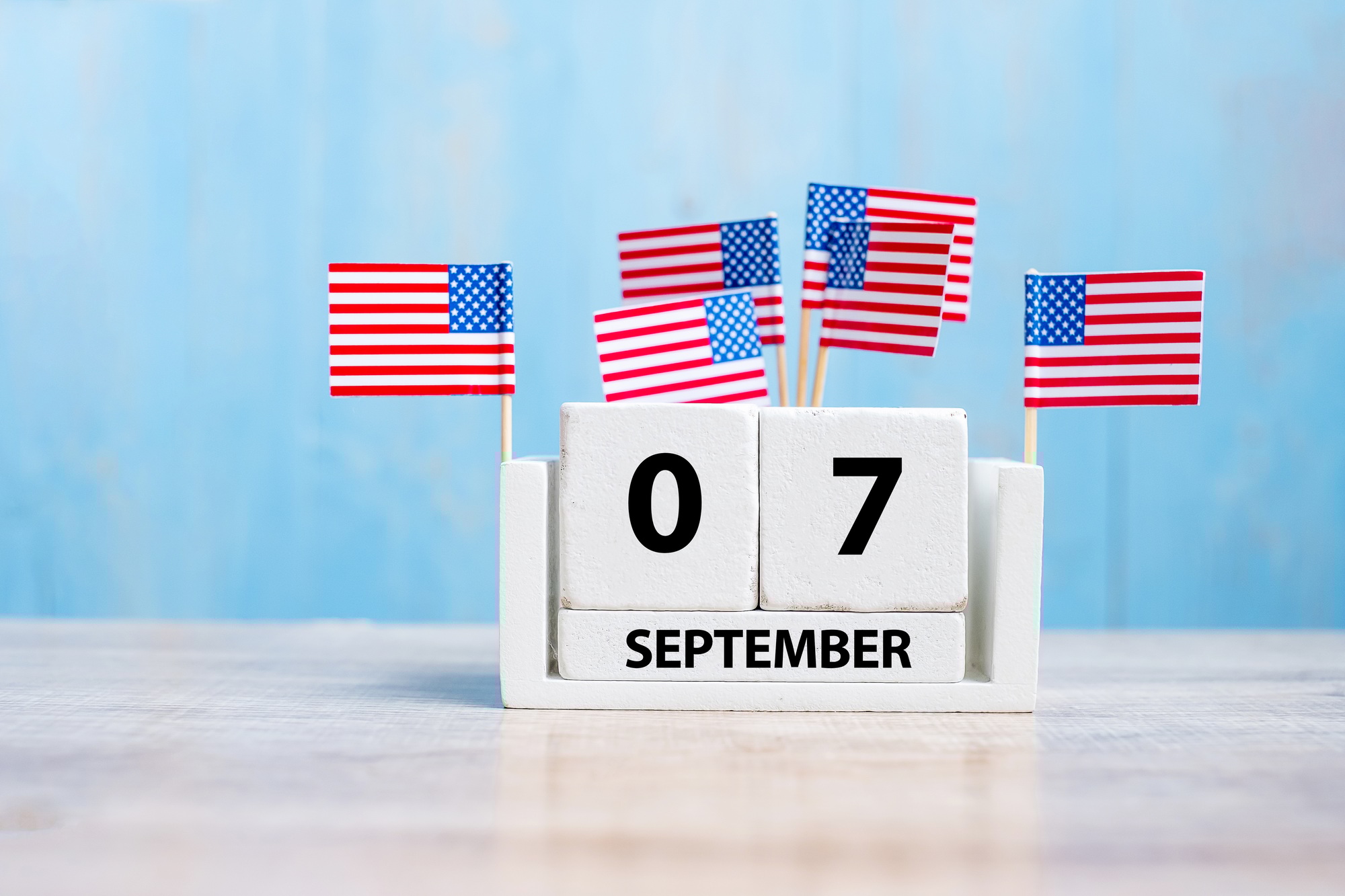 7 September of white Calendar with United States of America. Happy Labor day and Holiday concept