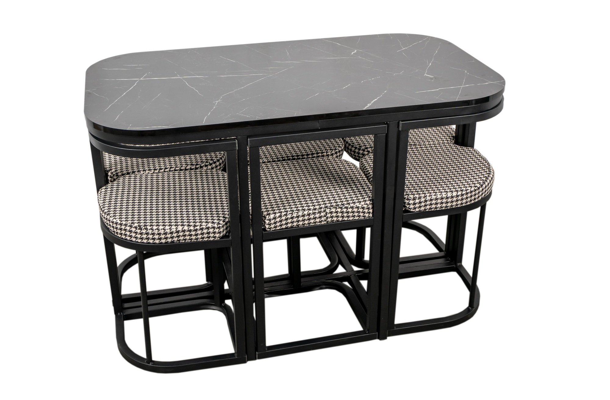 a counter and three stools set up next to each other