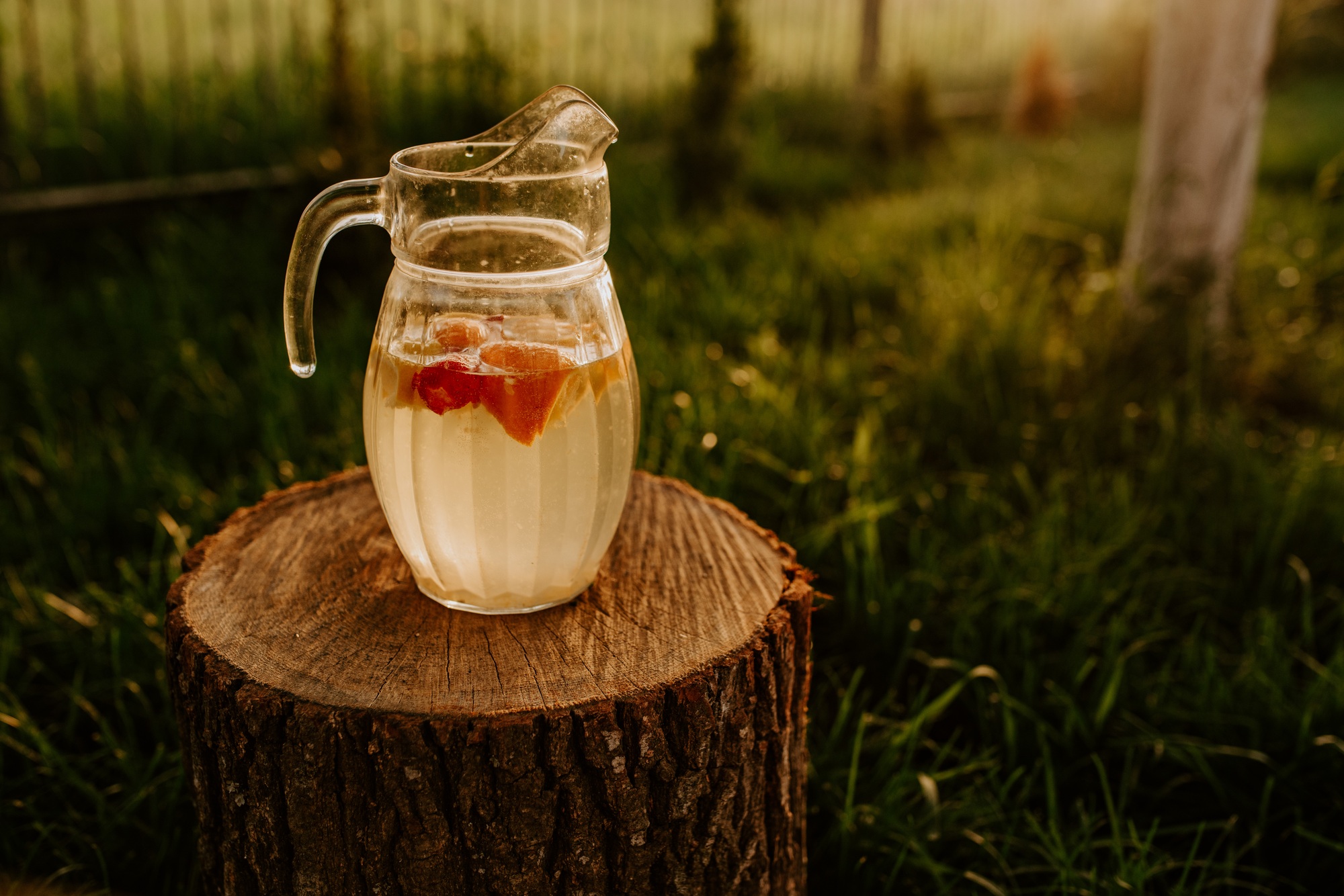 A glass jug with lemonade and fruit inside is standing on a wooden stump