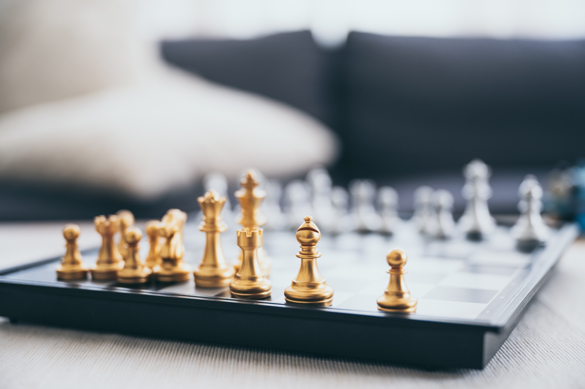 A Golden silver chess board game competition play. Concept of business strategy