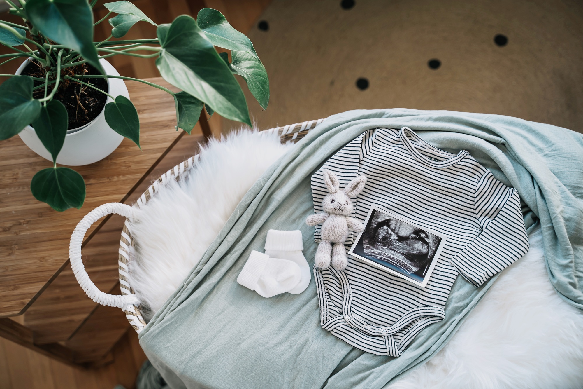 Baby changing basket with ultrasound image, baby bodysuit, knitted rabbit toy.