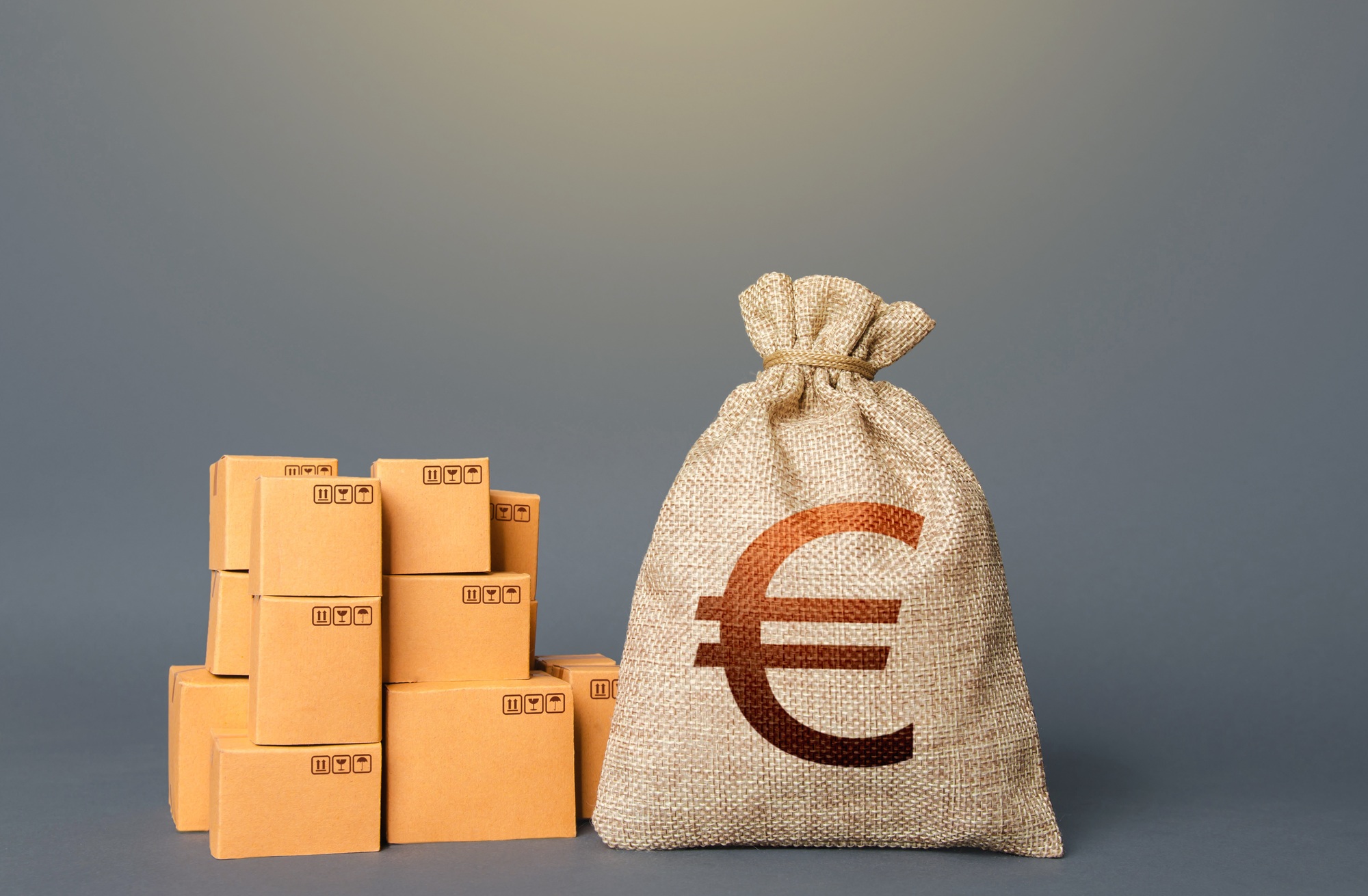 Boxes and Euro money bag. The concept of trade in goods and production.