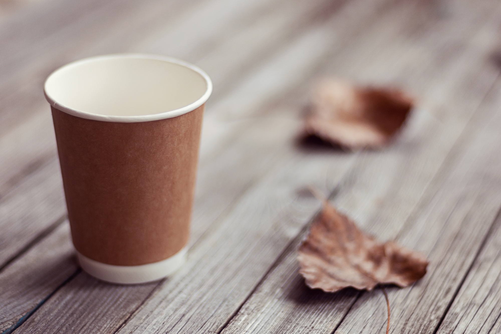 brown paper eco cup on wooden table