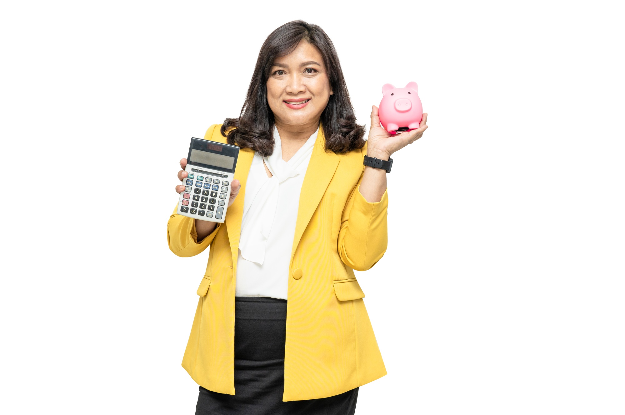 Business asian lady people in yellow suit holding calculator and piggy bank