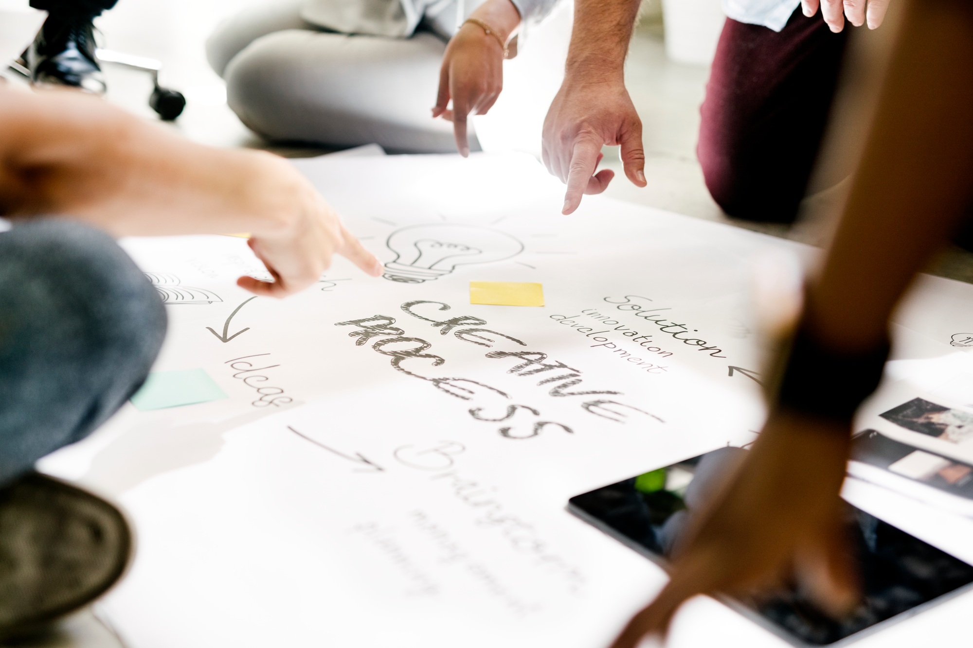 Business people brainstorming management process on paper