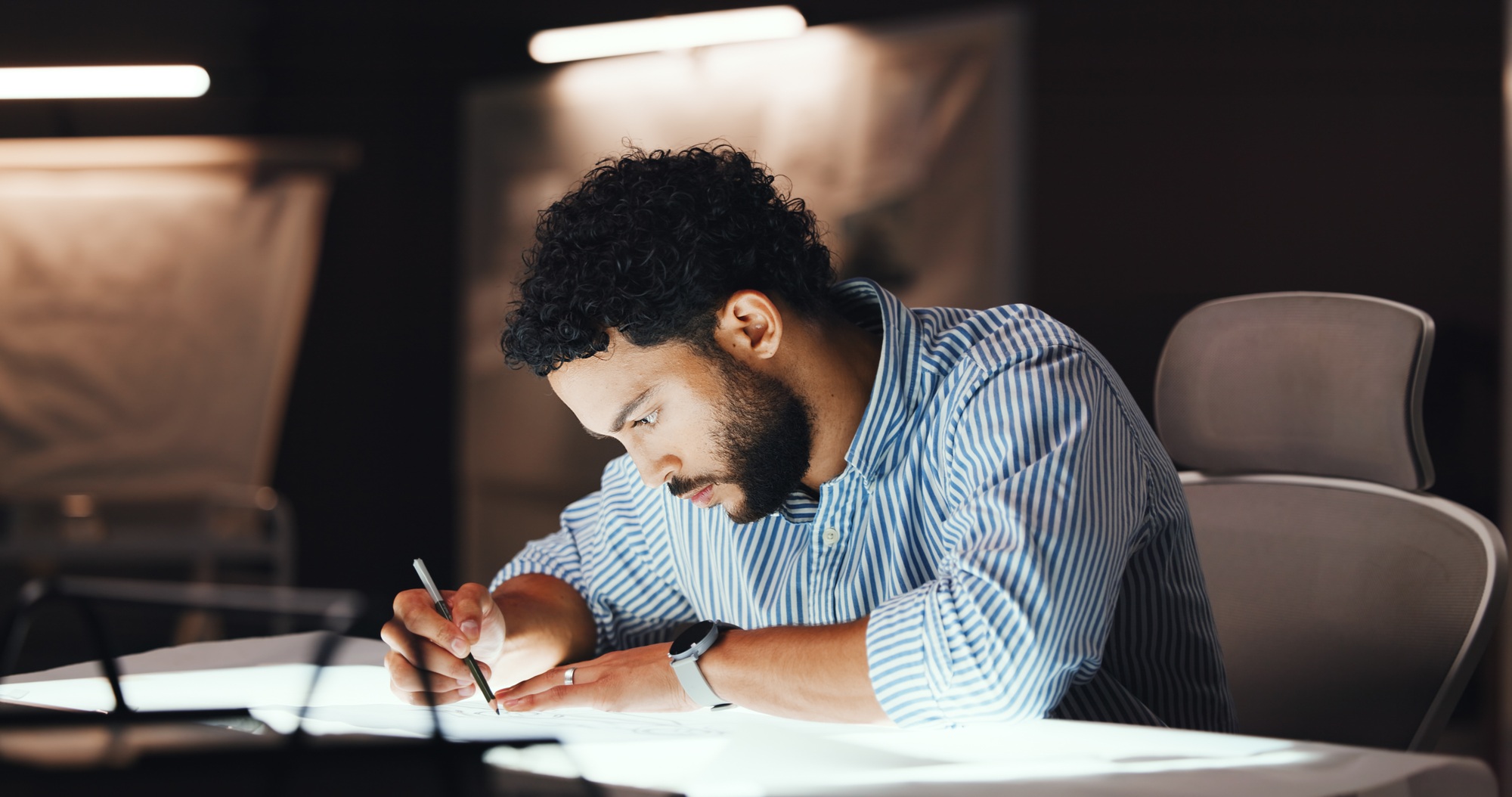 Businessman, architect and writing with blueprint for building design or construction planning. Man
