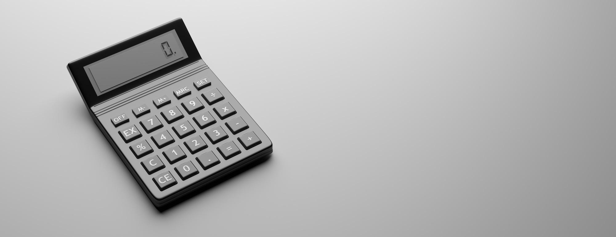 Calculator, black color against gray background, 3d illustration