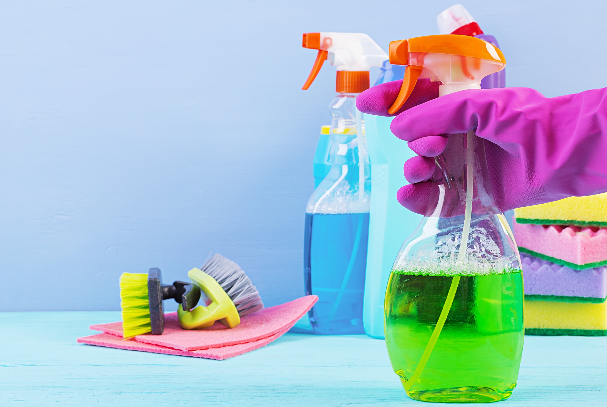 Cleaning service concept. Colorful cleaning set