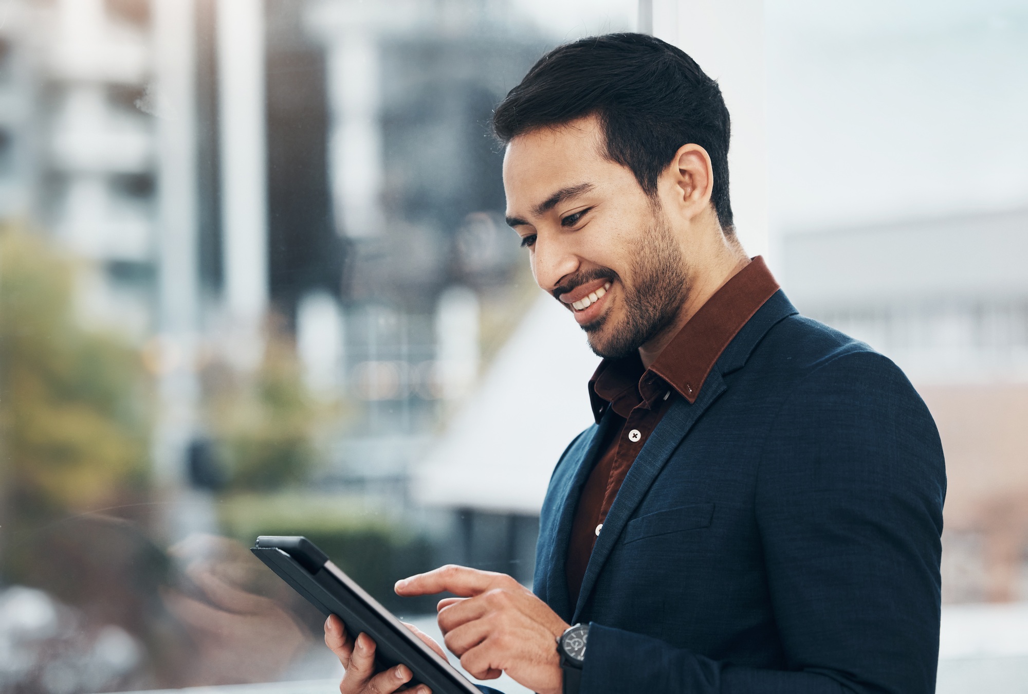 Corporate tablet, happy and business man typing on digital dashboard, IOT hud or interactive smart