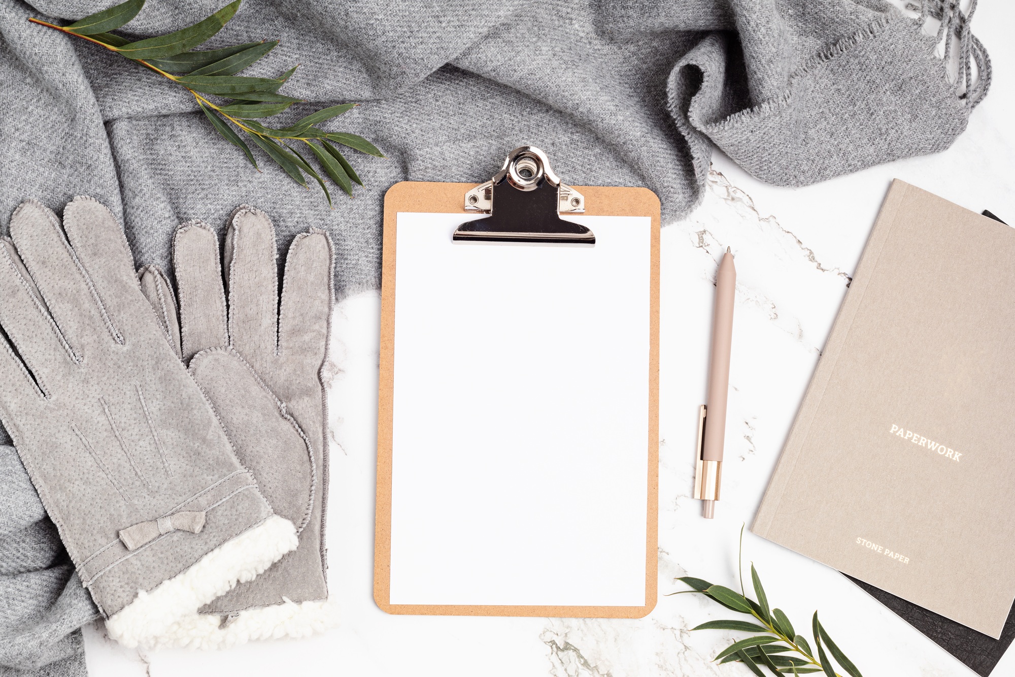 Desktop with clipboard mockup and office supplies. Home office, social media blog, schedule