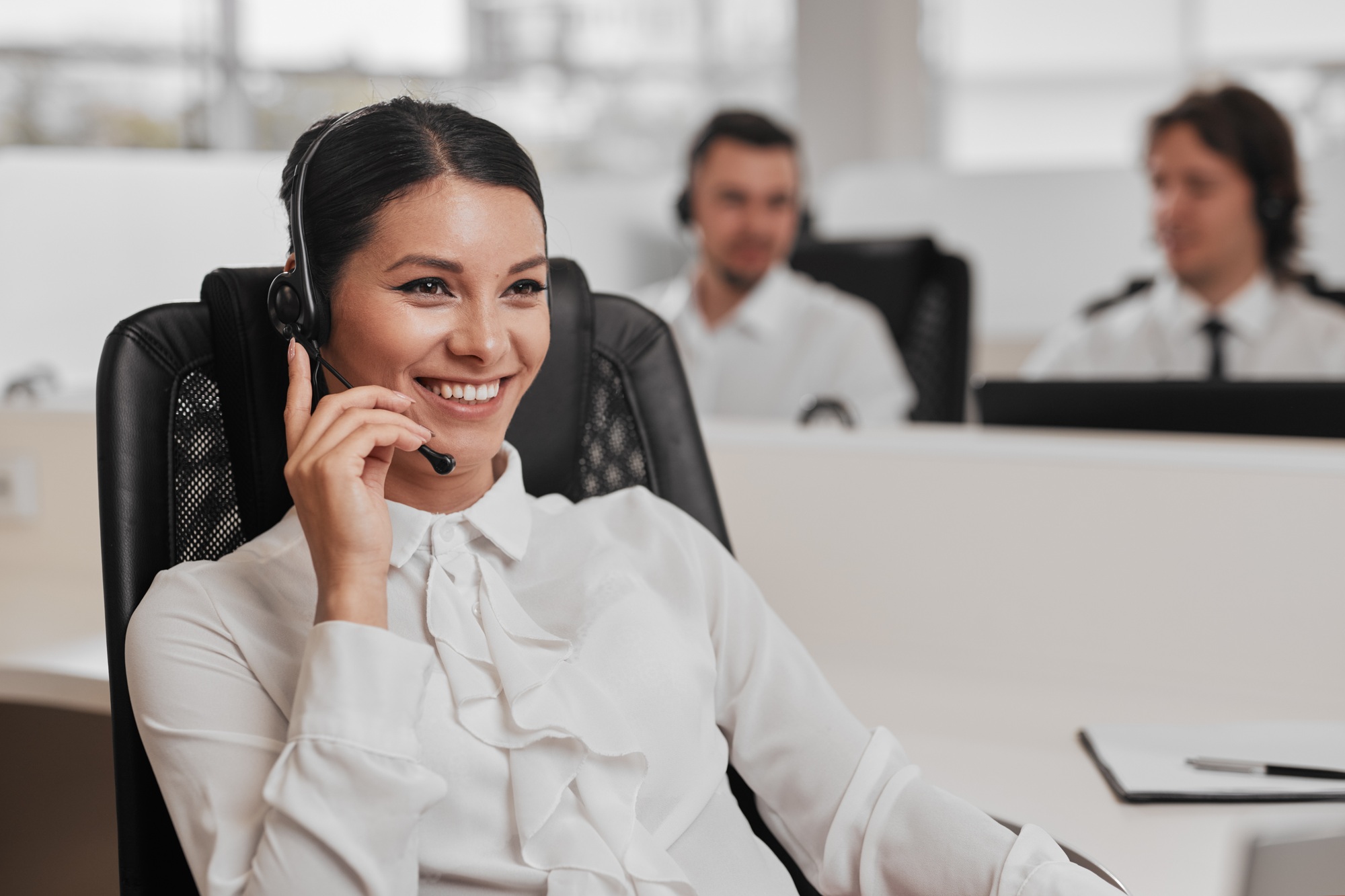 Hispanic customer service agent in office