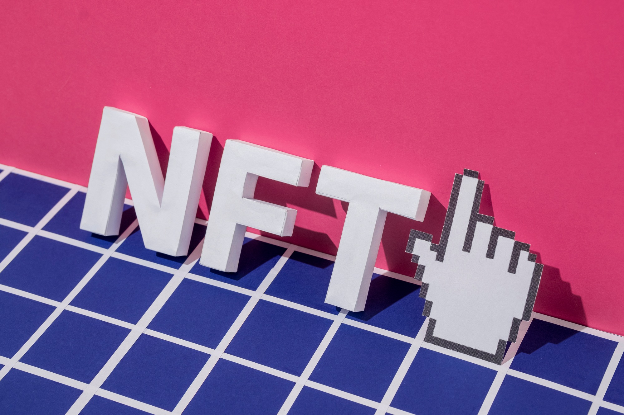 NFT letters symbol 3D text and pixel mouse cursor finger pointer