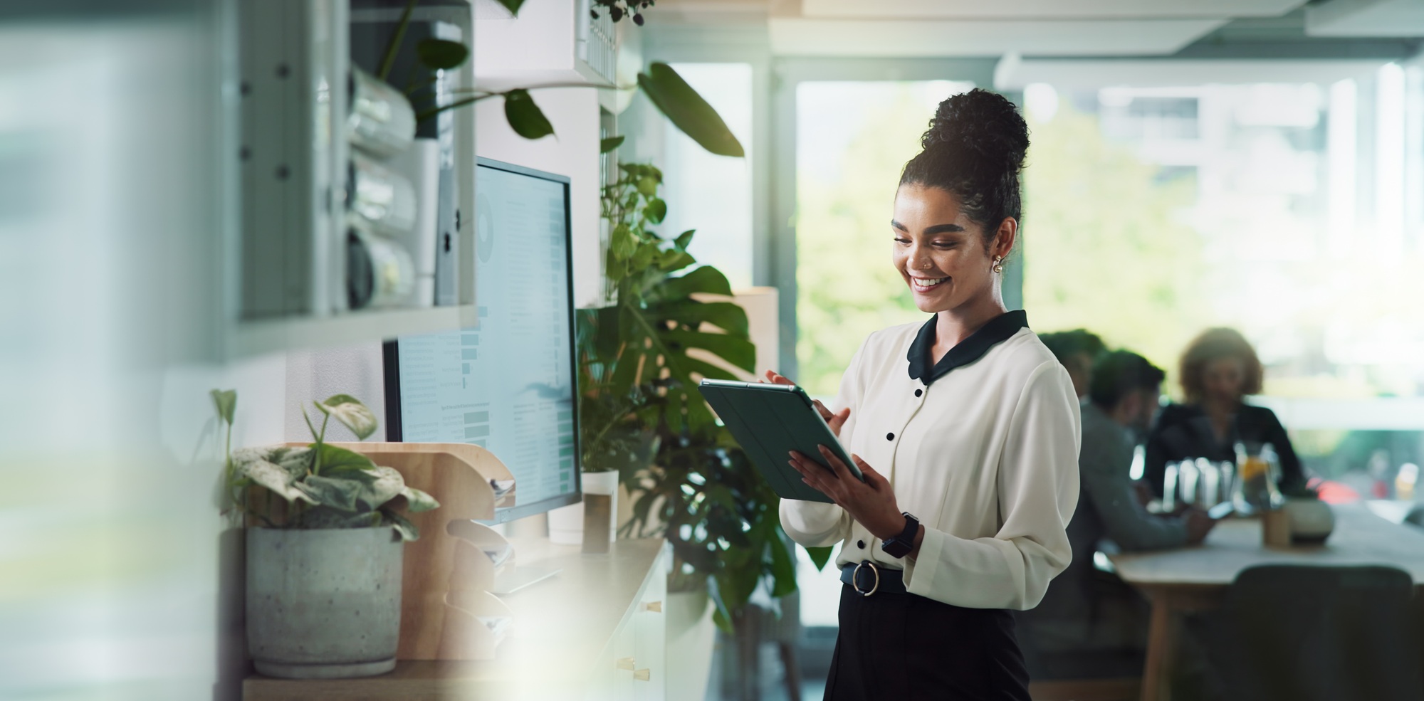 Office, smile and woman with tablet, project and budget for ad campaign, planning and media strateg