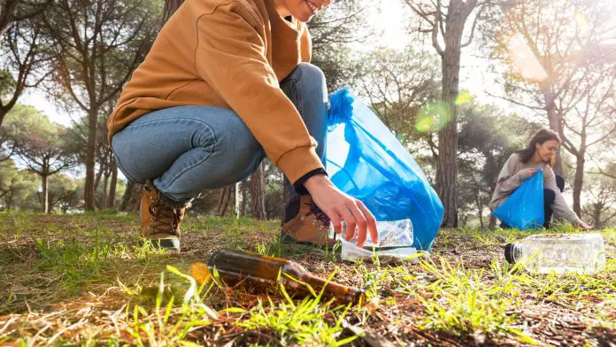 Panoramic image of young women cleaning forest plastic garbage. Horizontal banner.