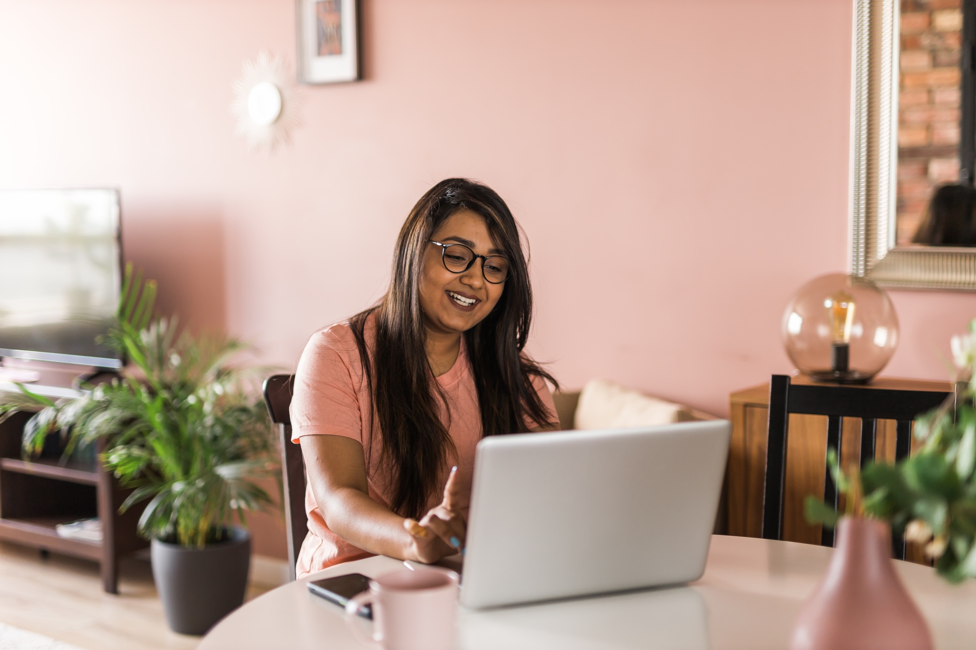 Portrait indian woman freelancer or entrepreneur have video conference talking, working remotely
