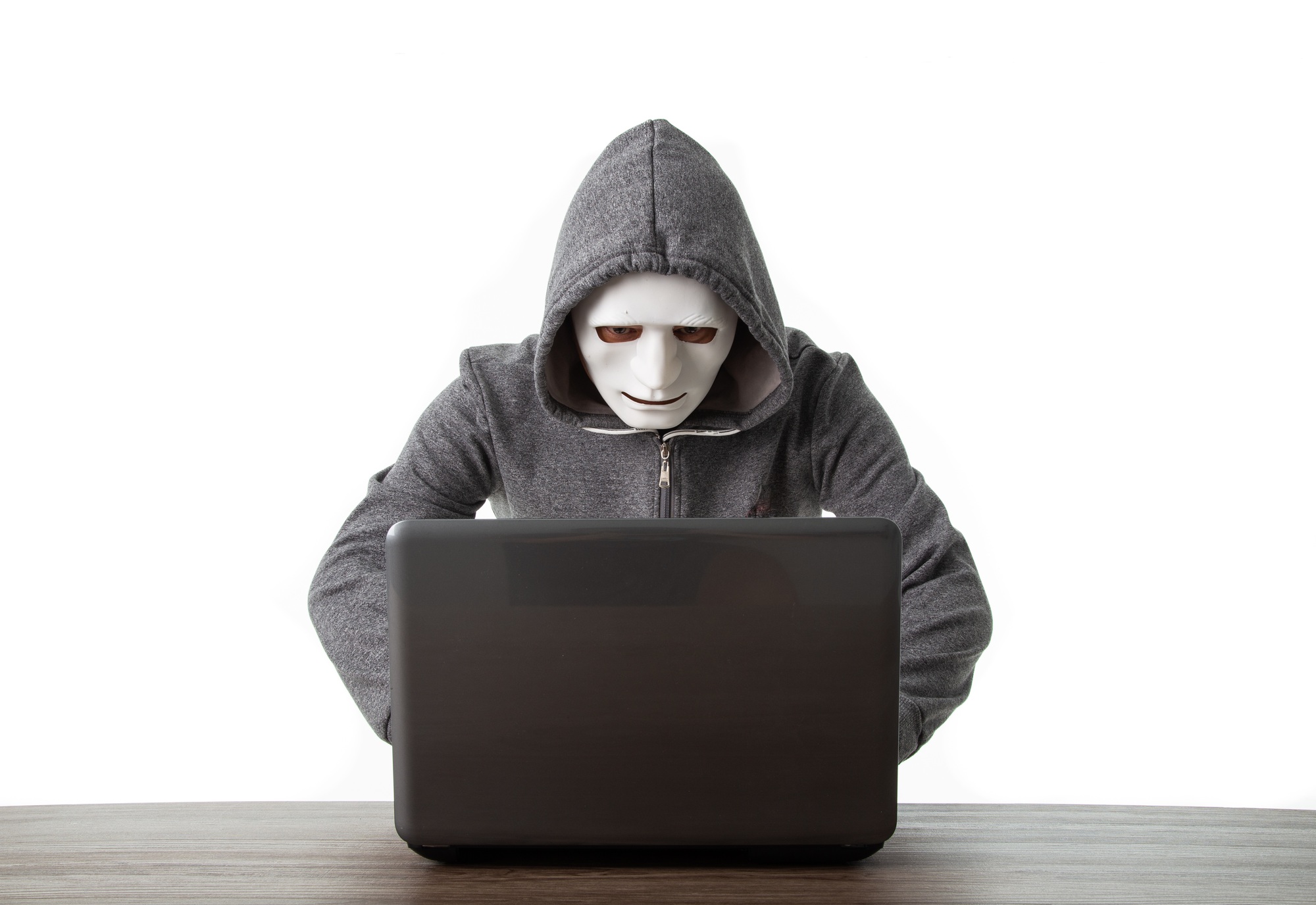 Professional hacker with mask isolated on white background