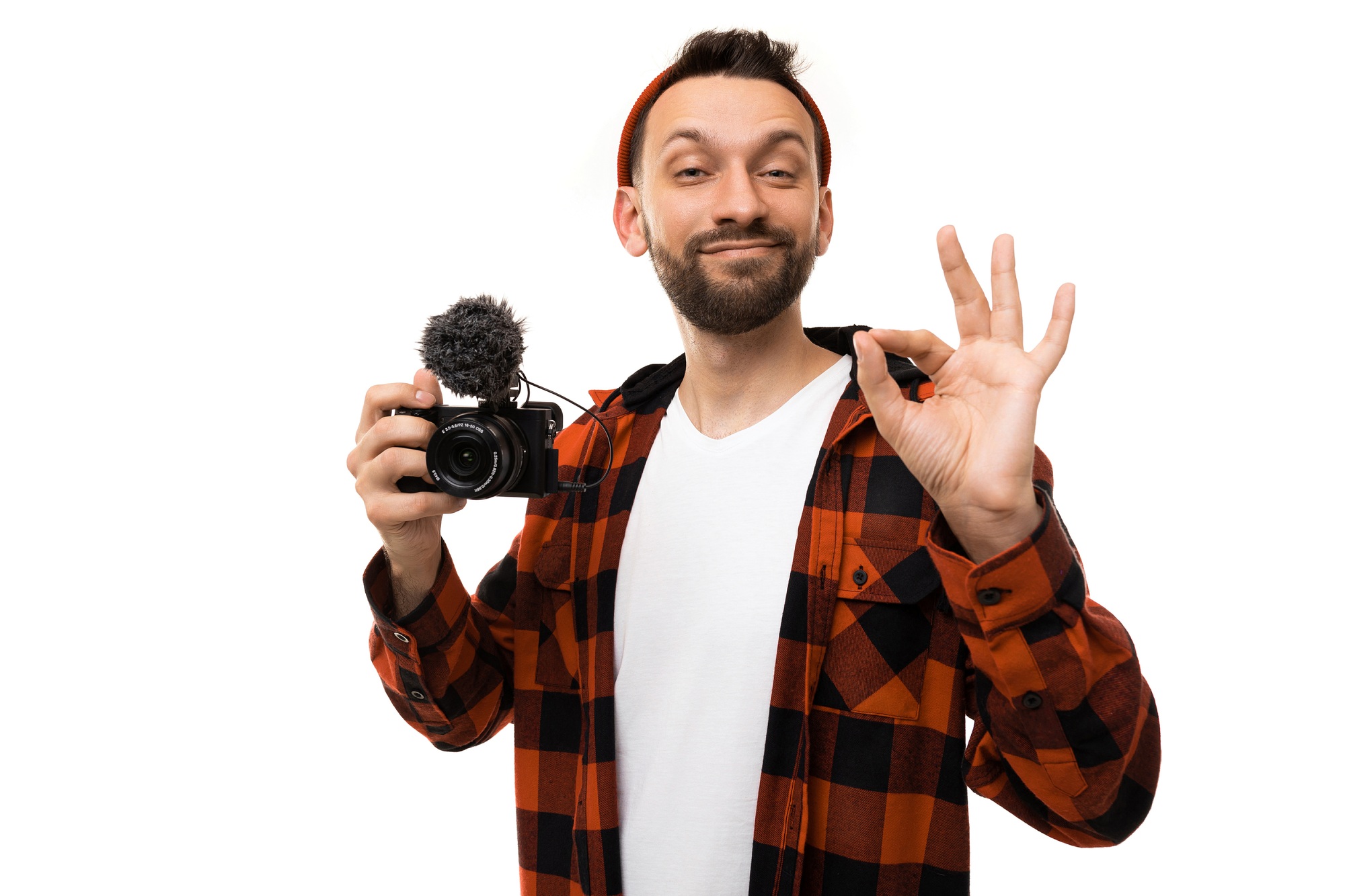 videographer blogger leads the stream and shows with a gesture OK