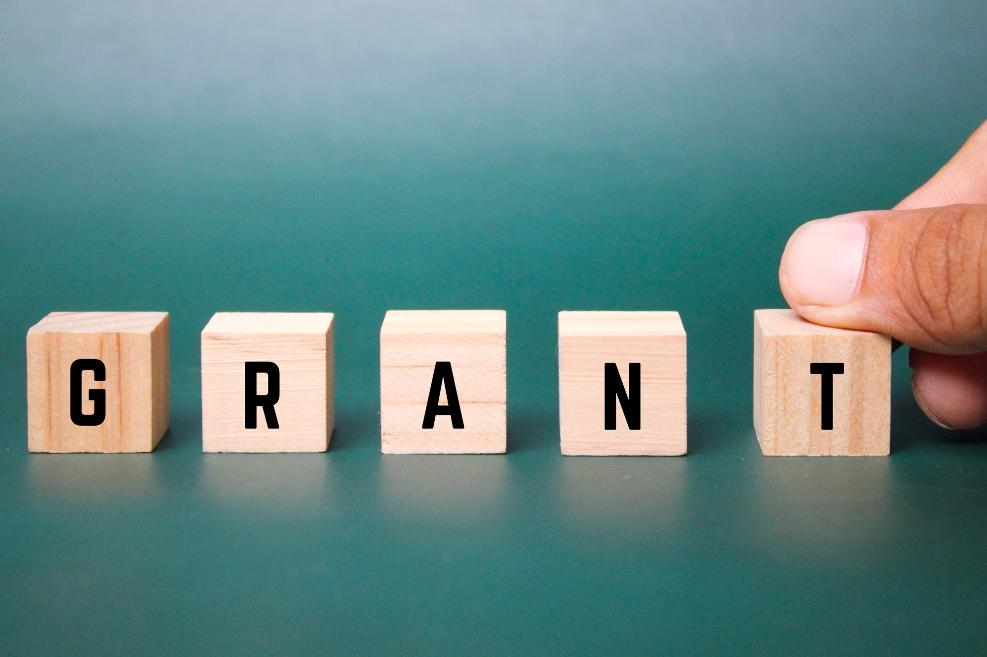 wooden cube with the word grant.