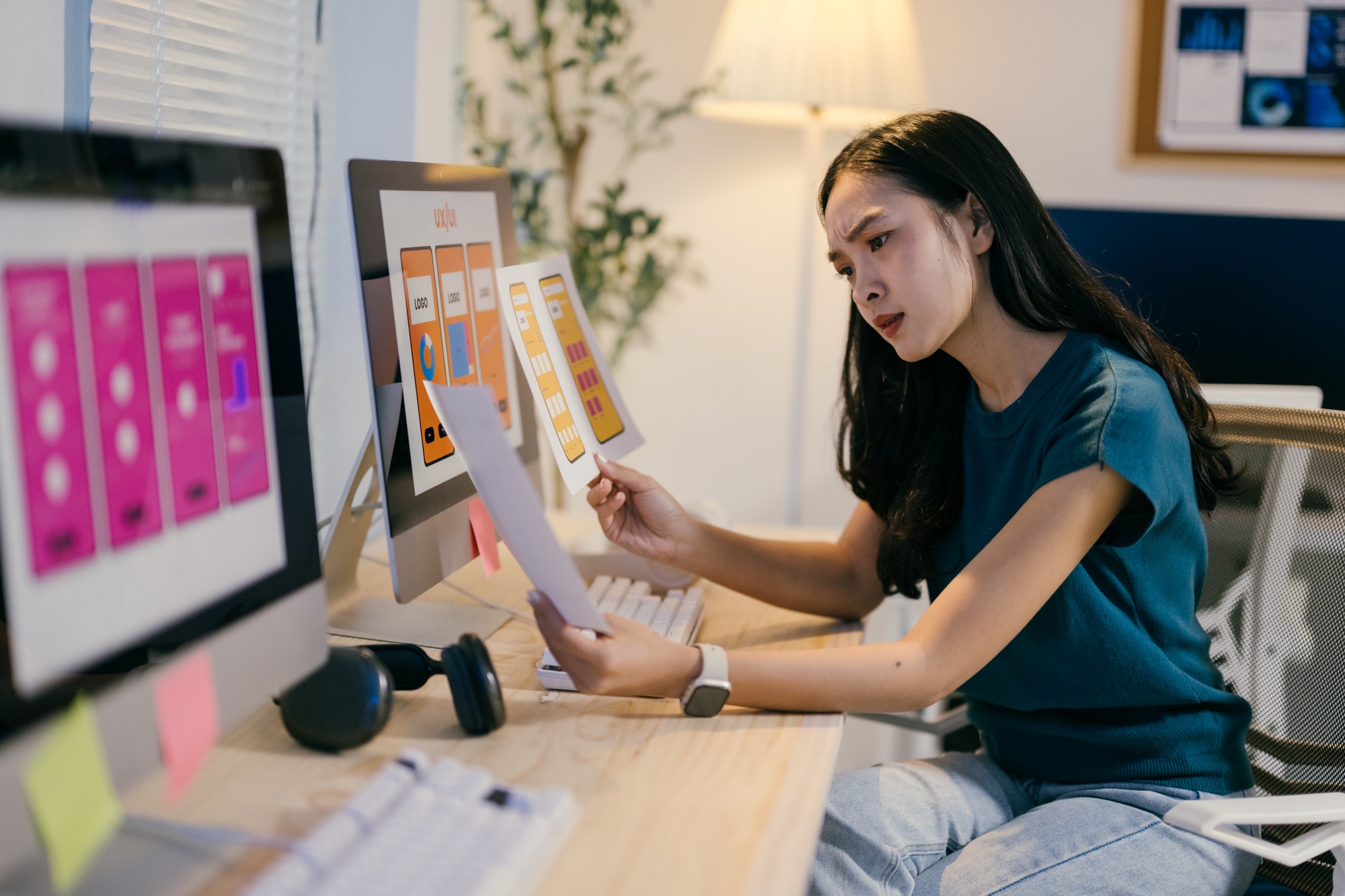 Young asian web designer is reviewing website design printouts while comparing them to her work on a
