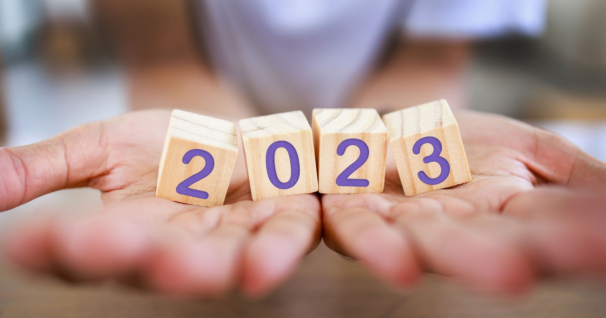 2023 New year concept. wooden block 2023 on hand. Inspiration to success ideas and goal