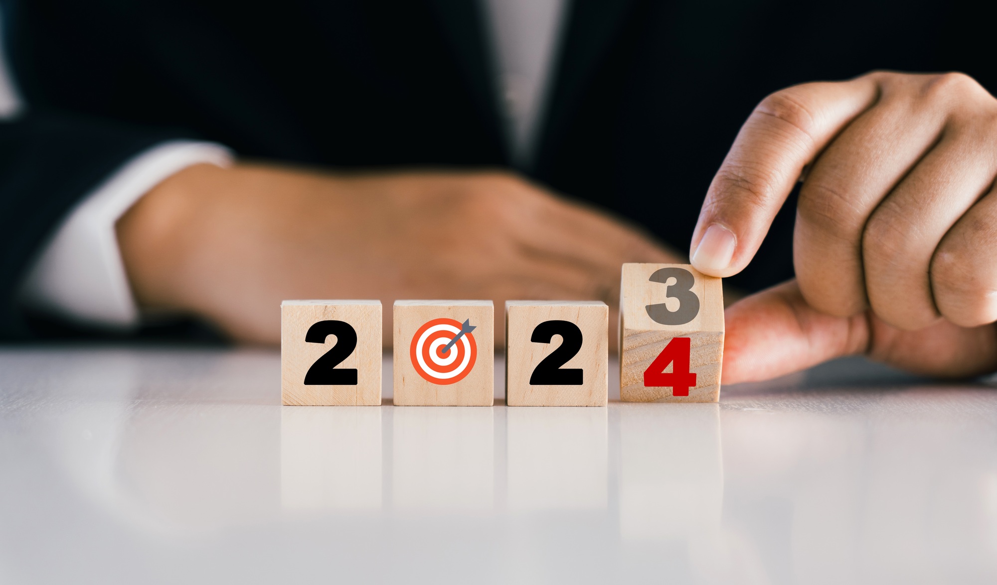 2024 goals of business or life. Wooden cubes with 2024 and goal. Starting to new year.