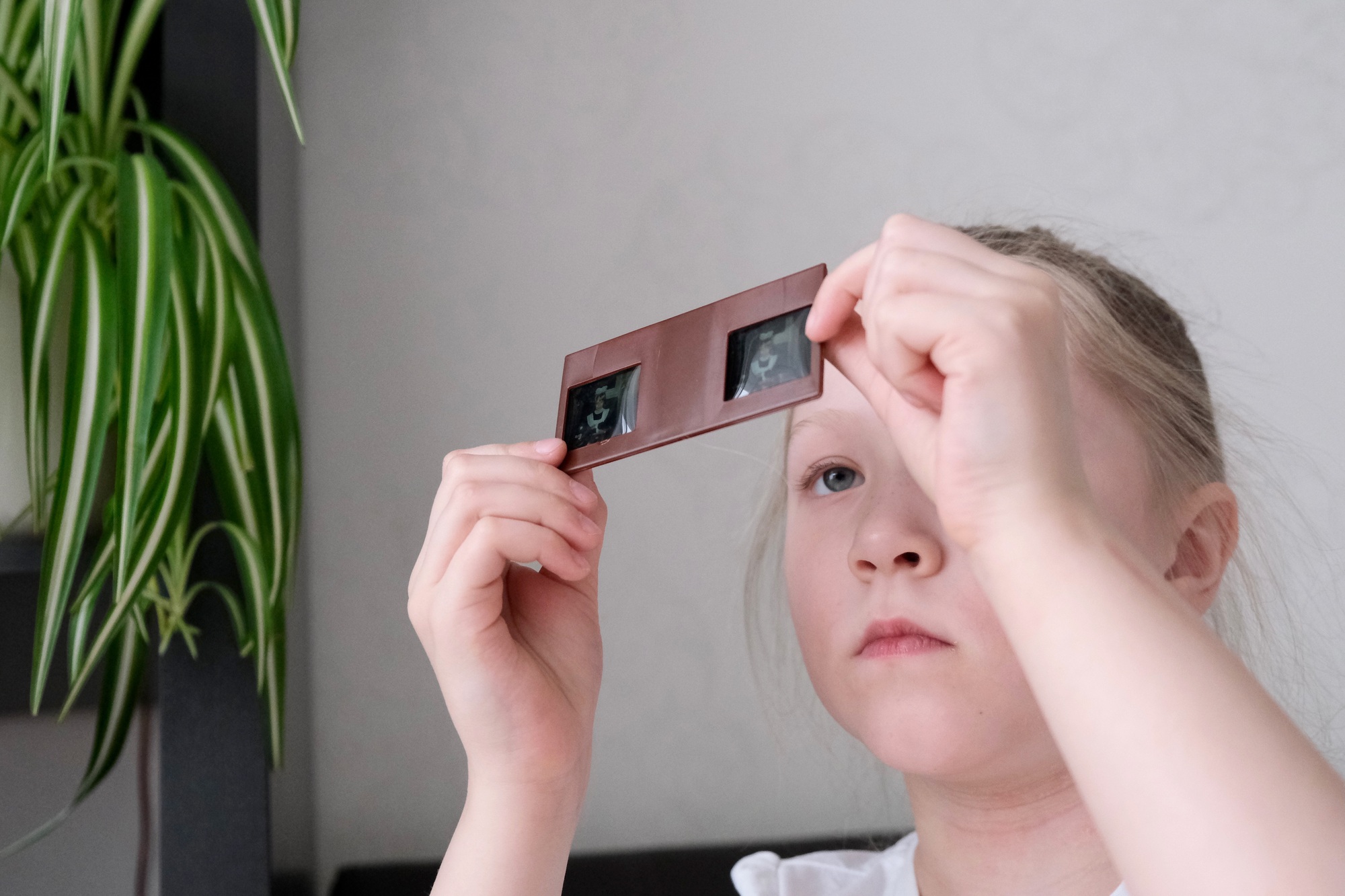 A child is watching slides through a slide show.
