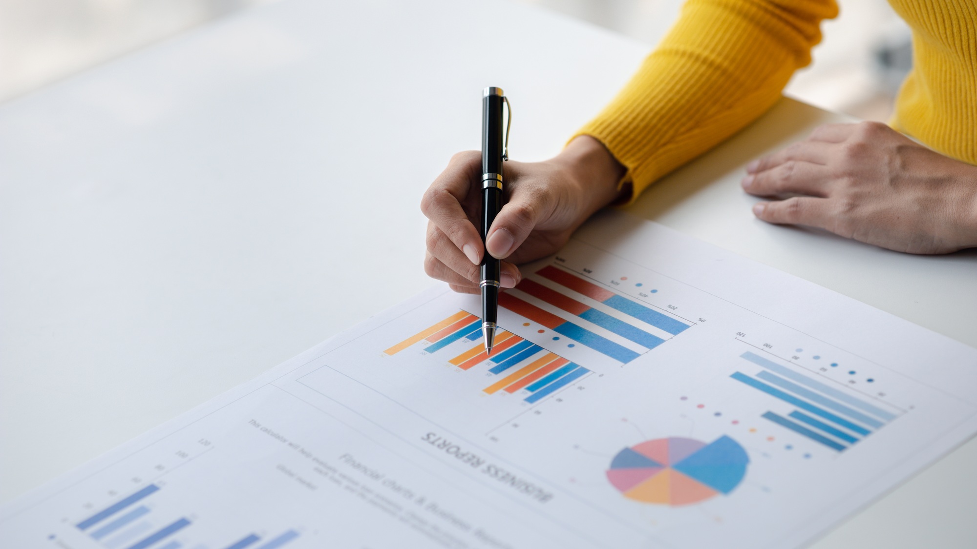A female financier is reviewing company financial documents, monthly financial statement summary fro
