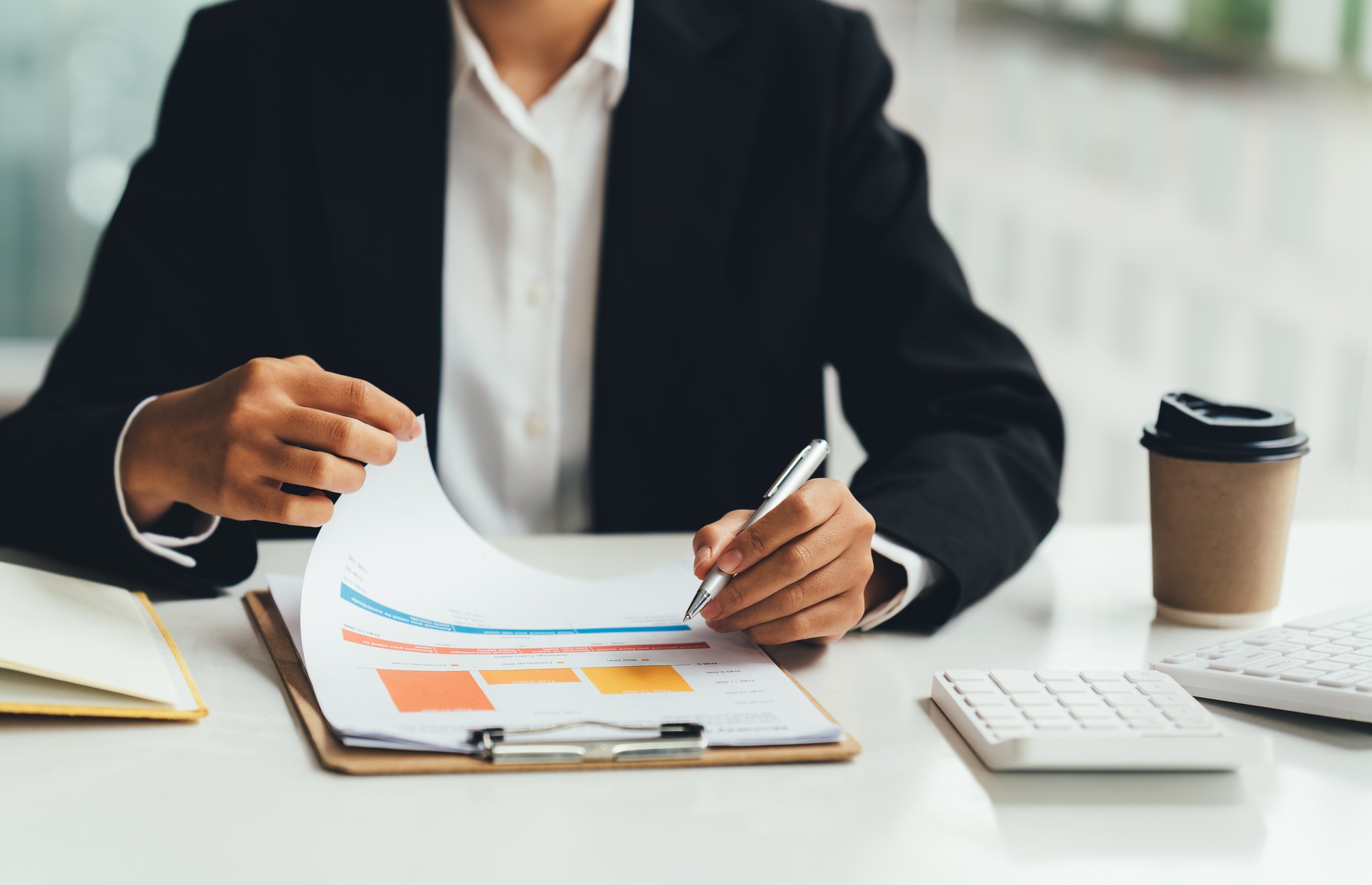 Administrator business man financial inspector and secretary making report calculating balance. Inte