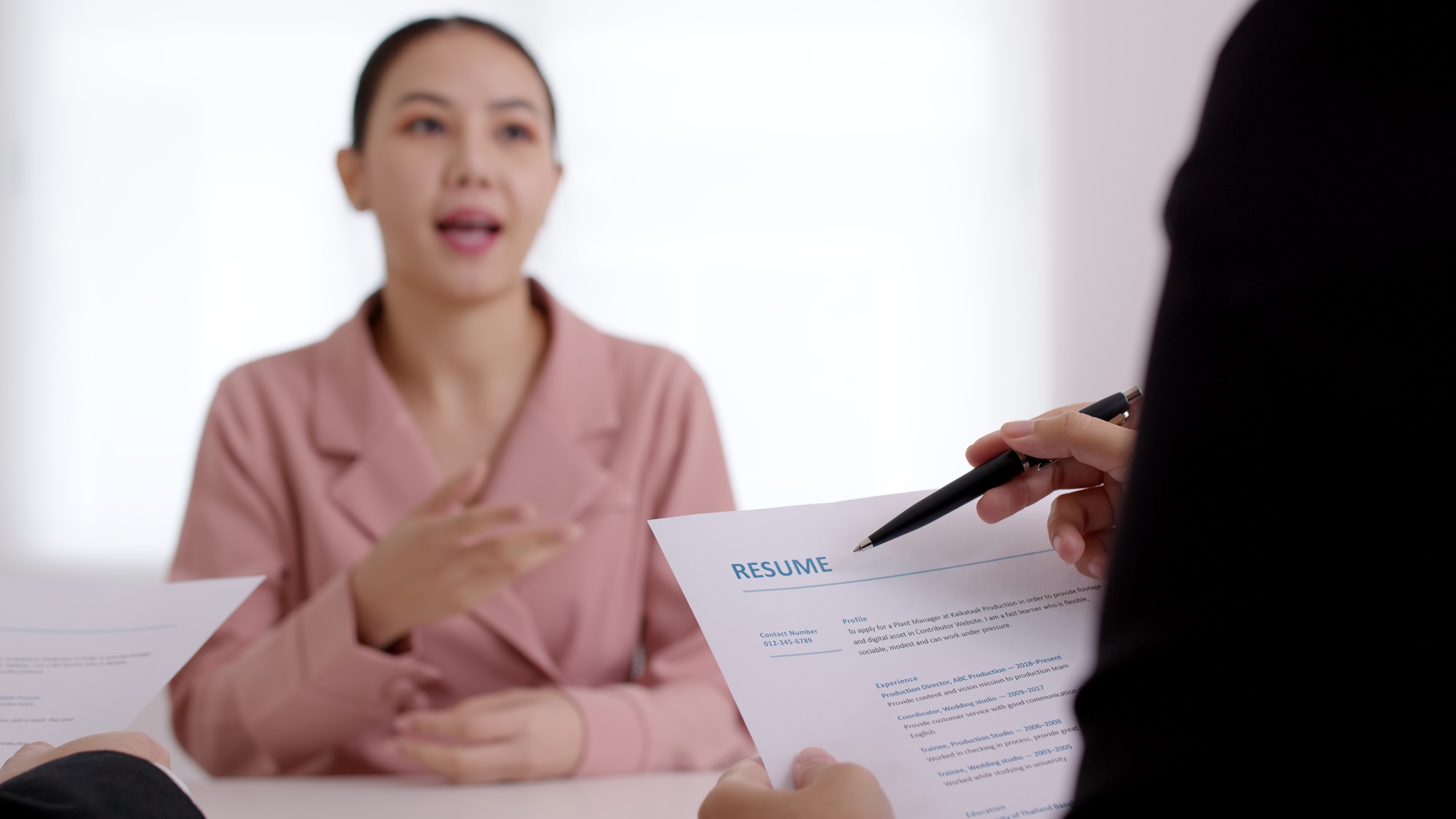 Asia young people jobless female or happy trainee student sit talk in company meeting