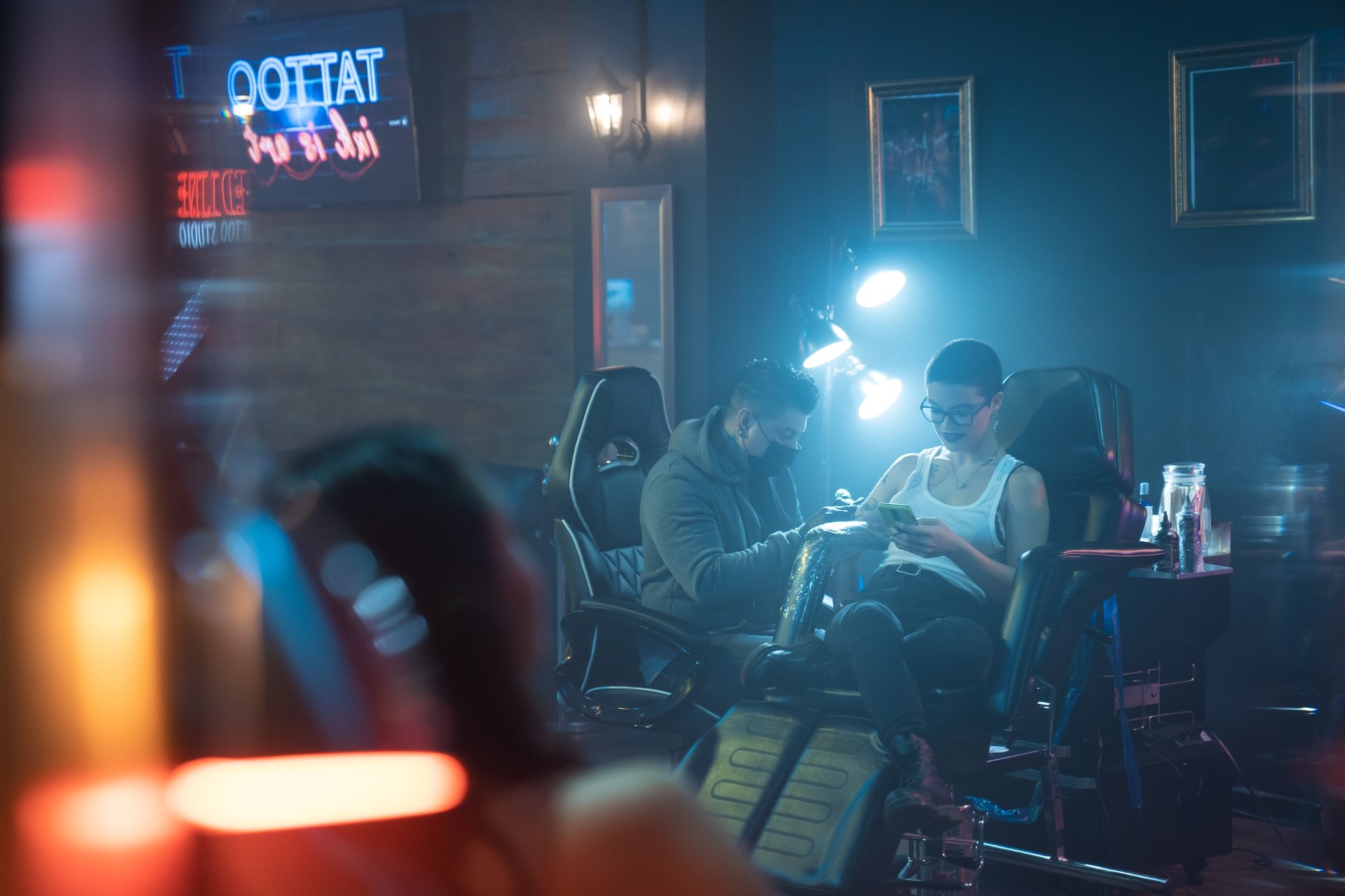 Beauty Parlor With Customers And Tattoo Studio With Clients