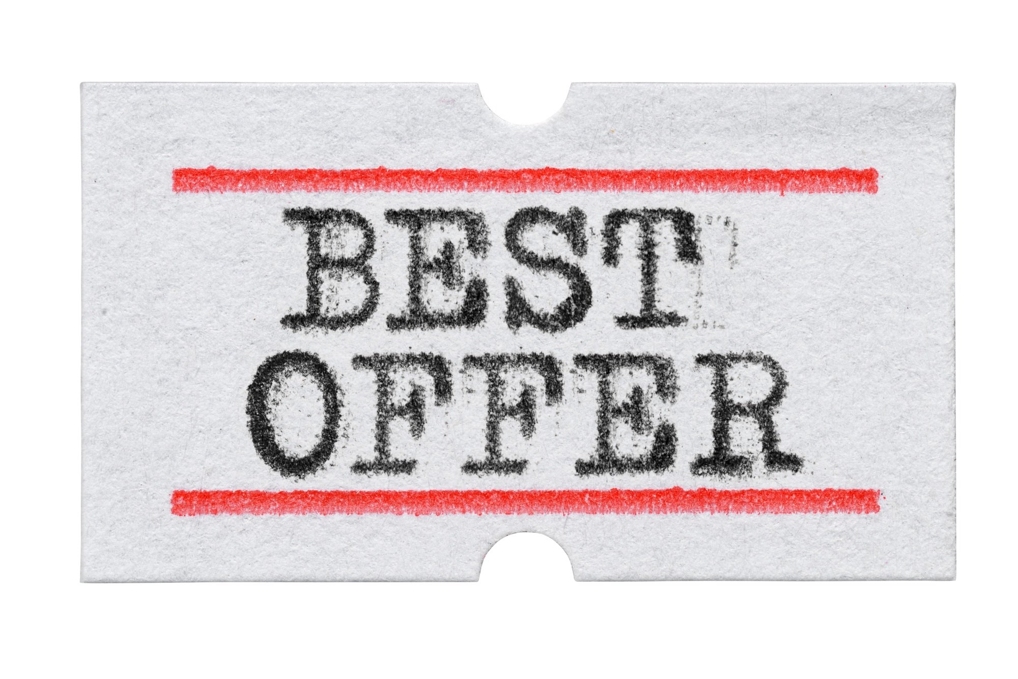 Best Offer printed on price tag sticker isolated on white