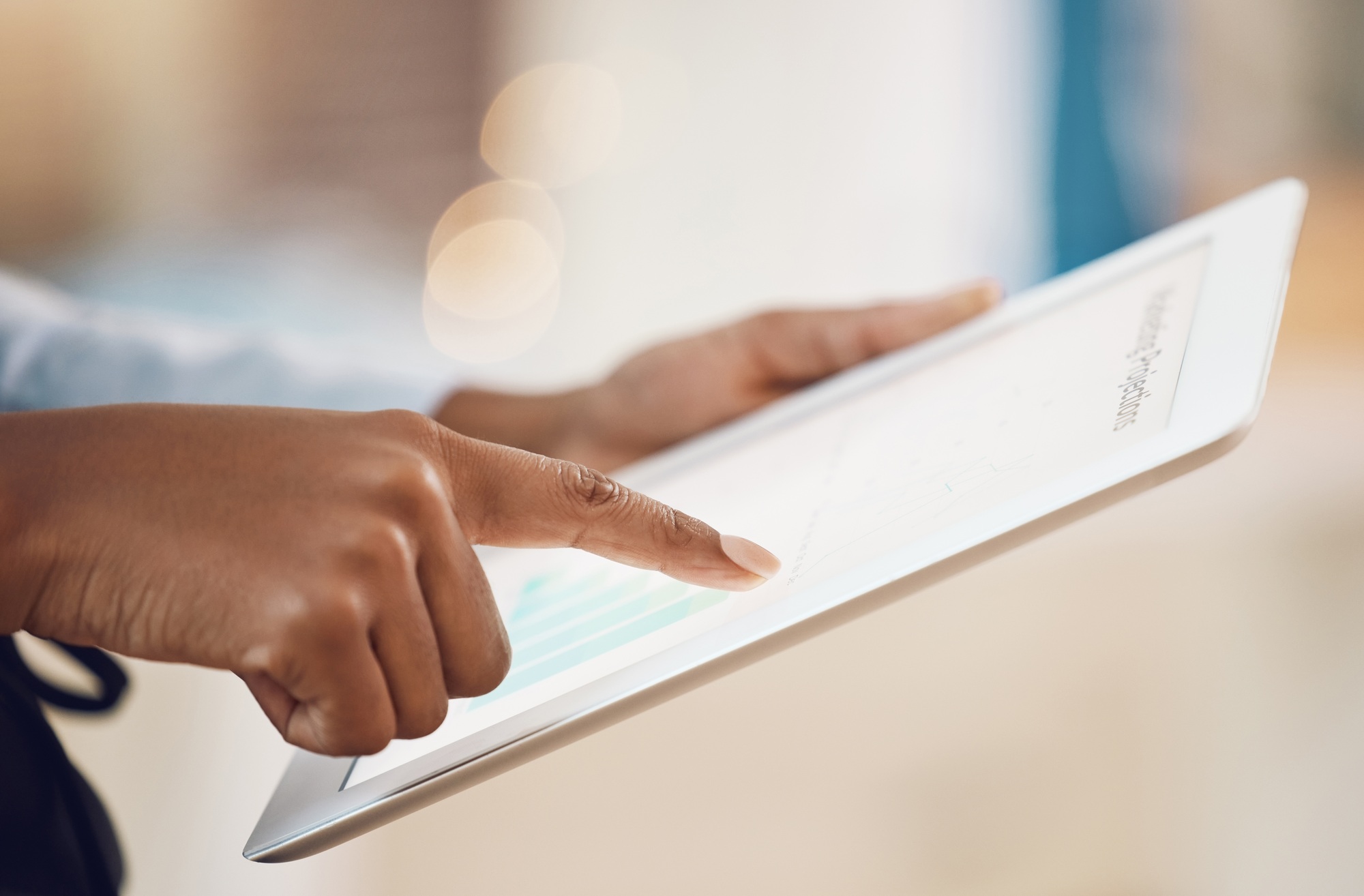 Business hands, digital tablet dashboard and finance analytics for graph planning, investment stats