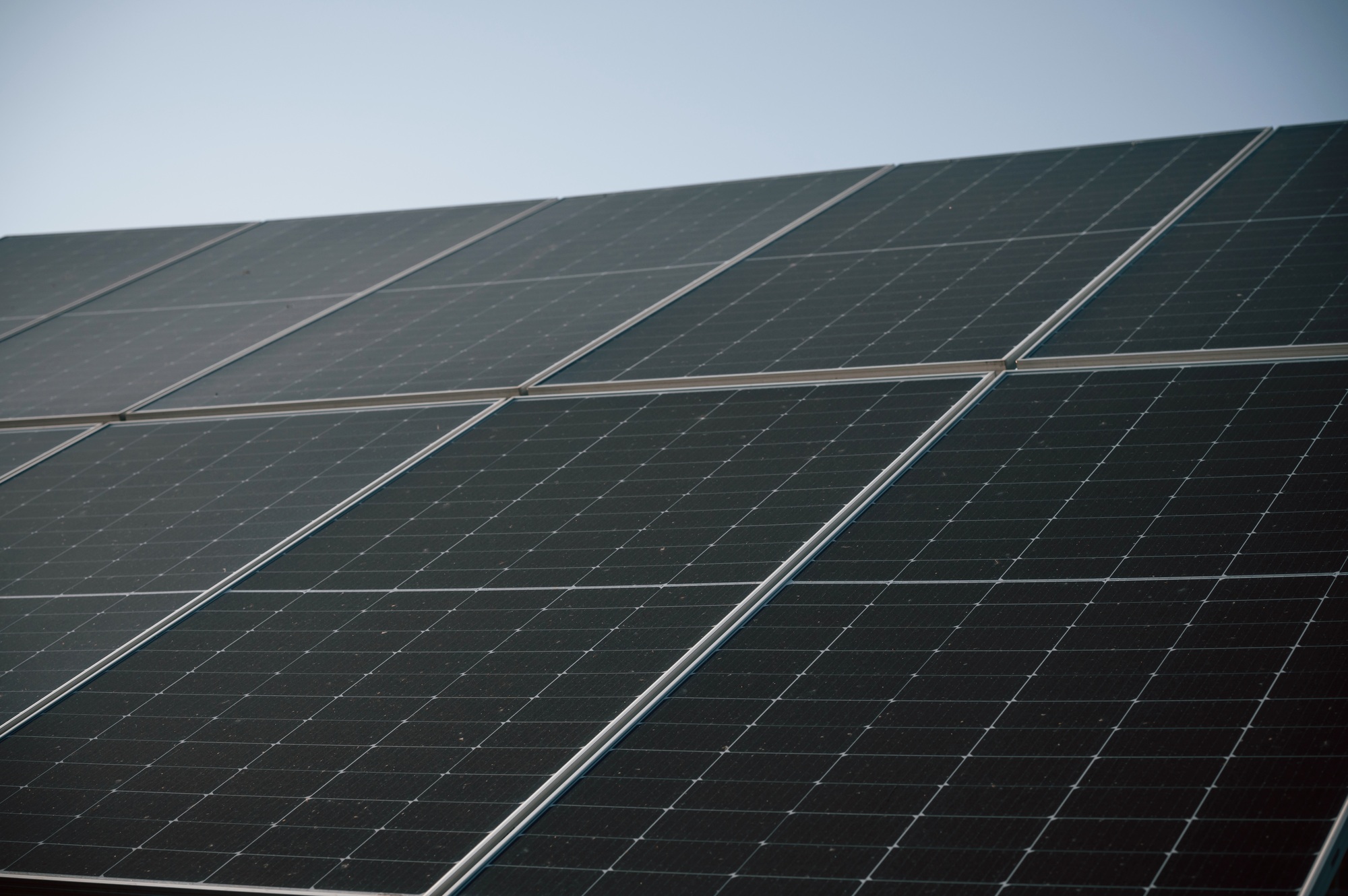 Close-up view of solar cell farm power plant eco technology