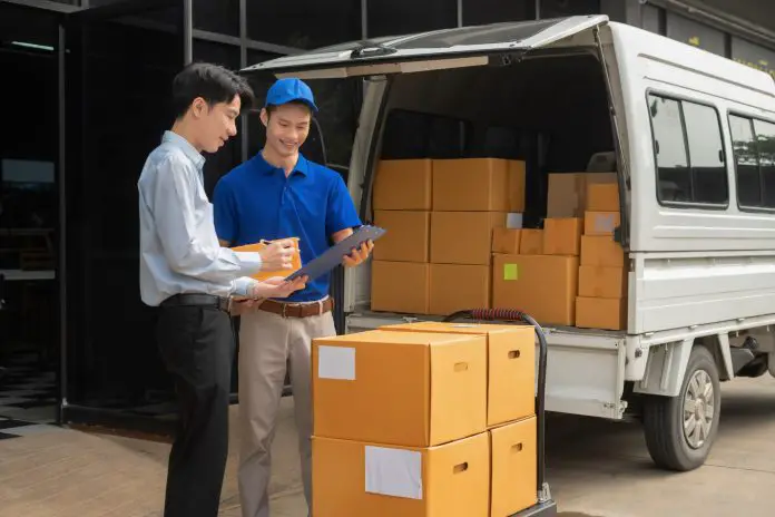 Concept of e-commerce, logistics, and fast courier service for secure package handling.