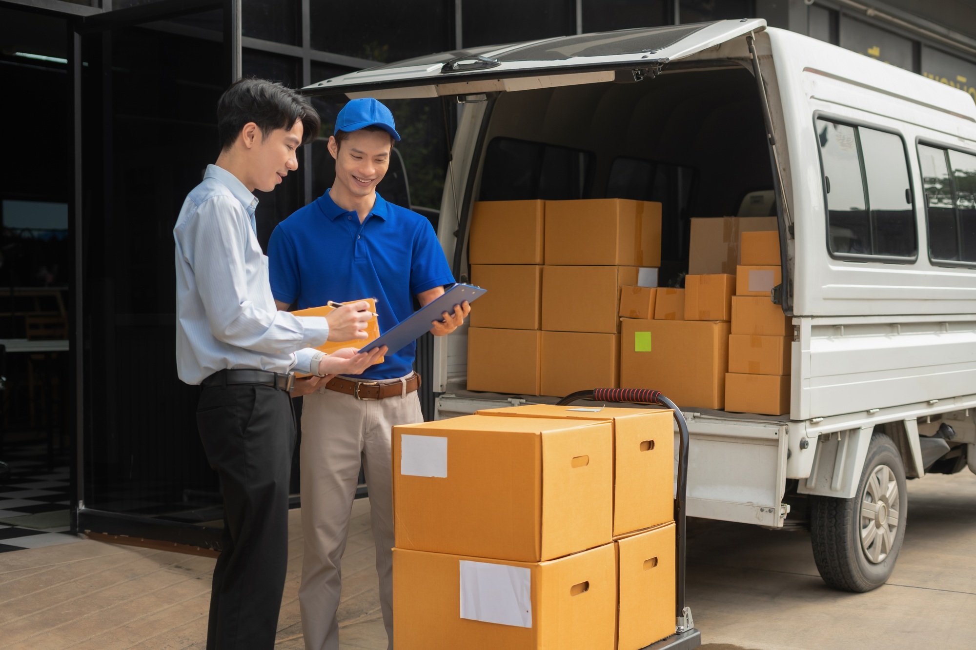 Concept of e-commerce, logistics, and fast courier service for secure package handling.