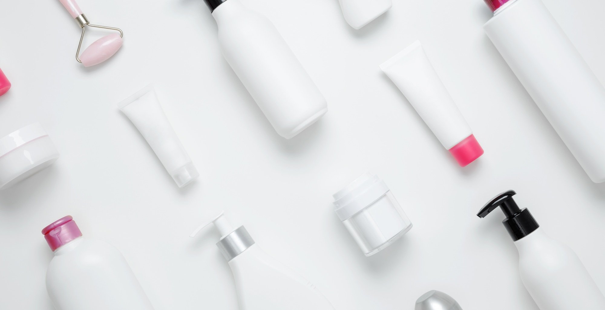 Cosmetic beauty products. Bottles and tubes with branding mock up. Skin care and beauty concept