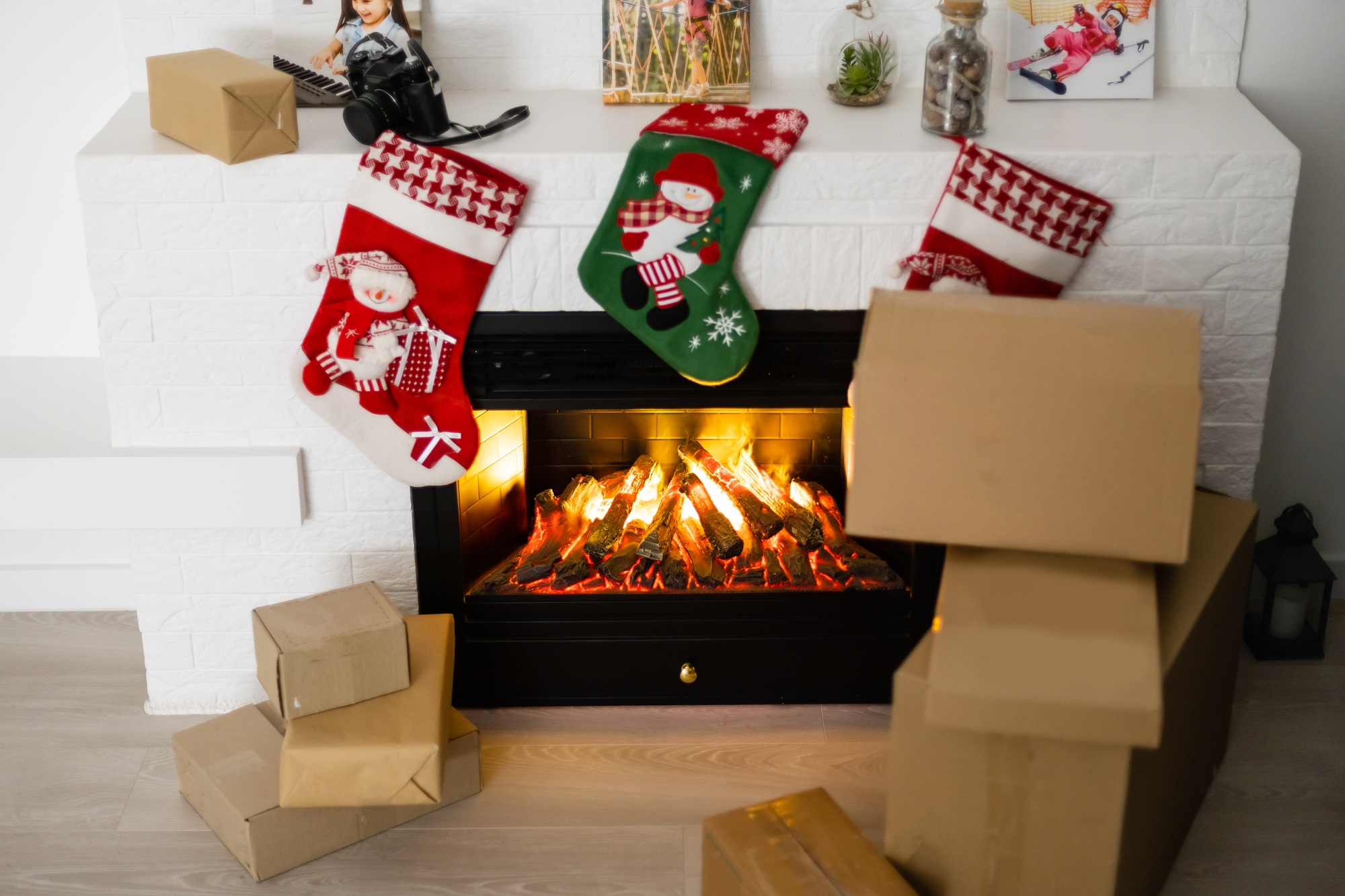 delivery boxes near fireplace. Ecommerce website online shopping delivery ads.