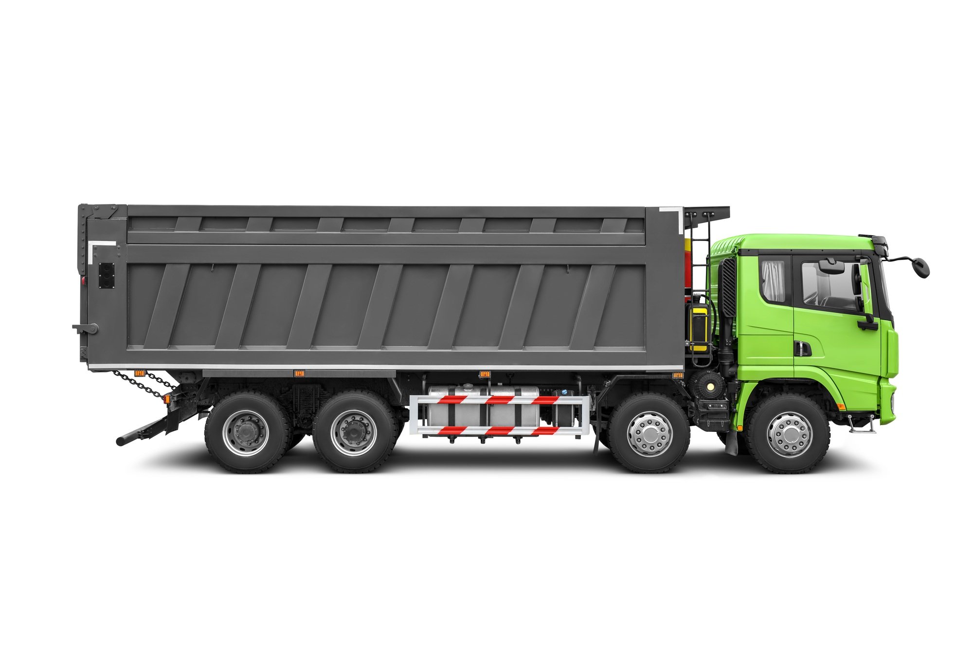 Dump truck isolated on white. Construction industrial equipment for transporting materials.
