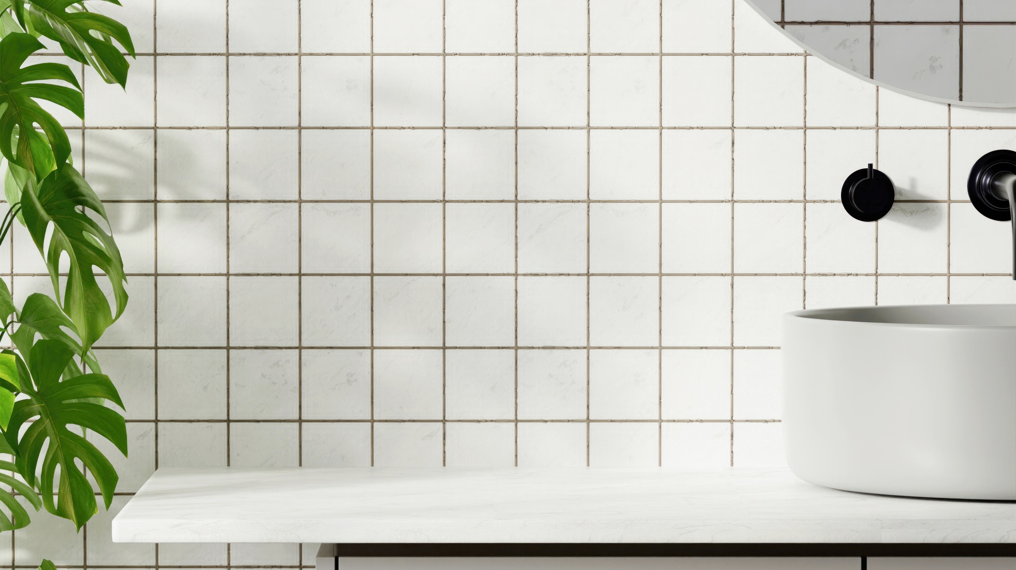 Elegant bathroom sink design with minimalist tile backdrop, 3D render illustration.