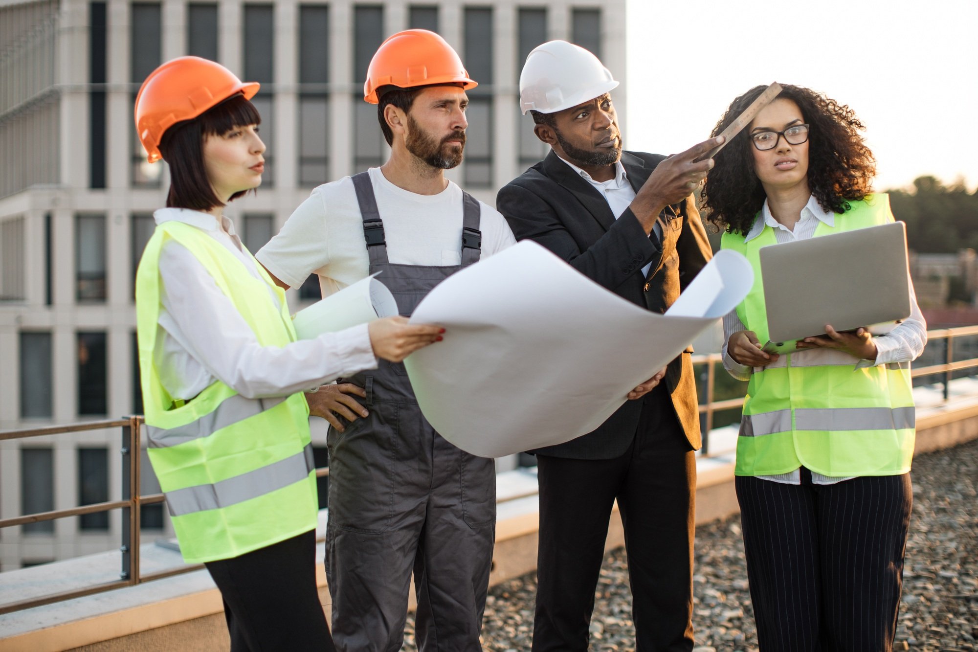 Industrial employees working on remodeling business center